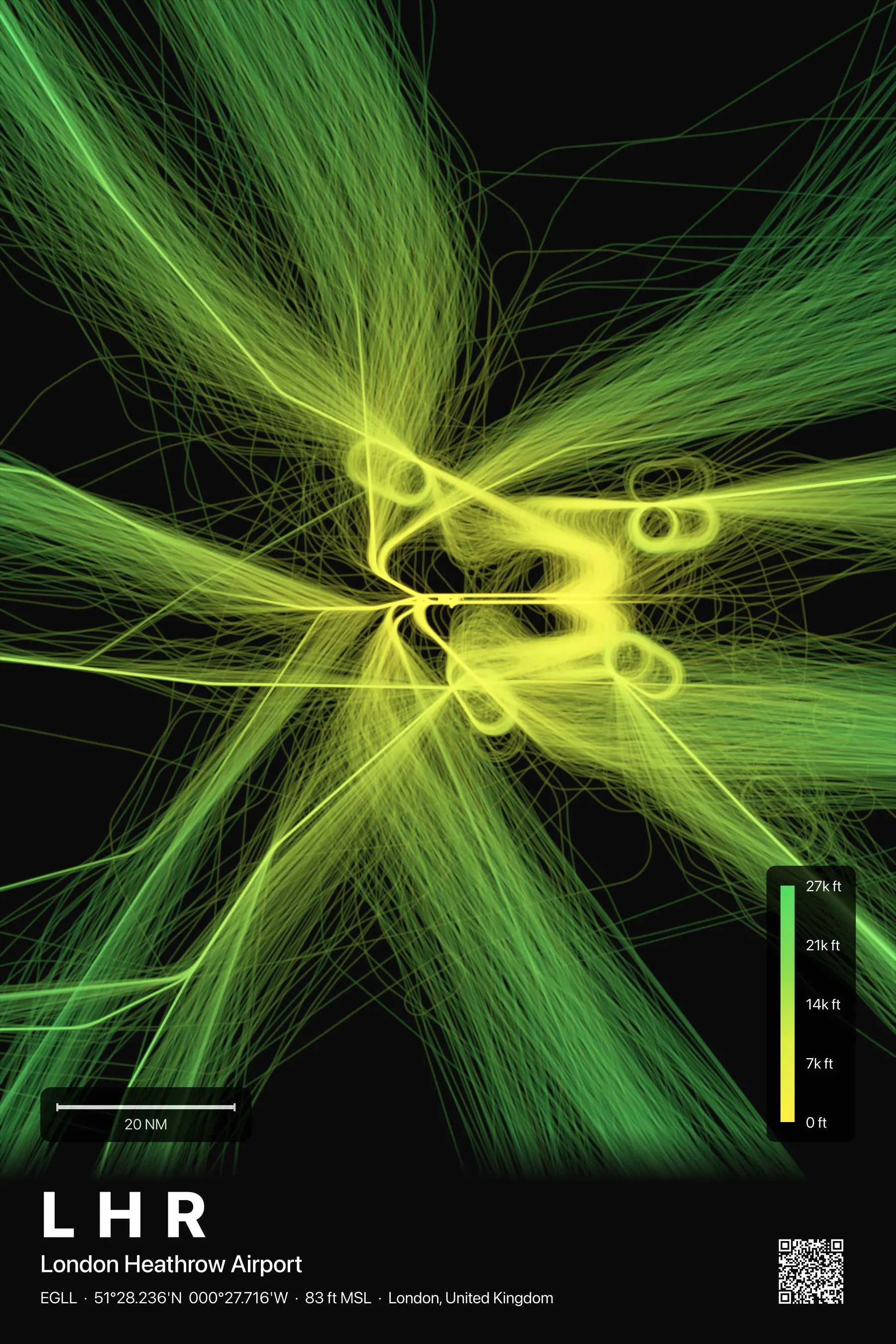 LHR flight path print — Citrus theme · Dark