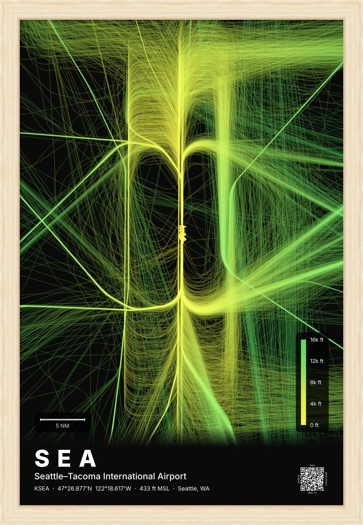 SEA flight path map — Citrus theme · Dark [material:framed_natural]