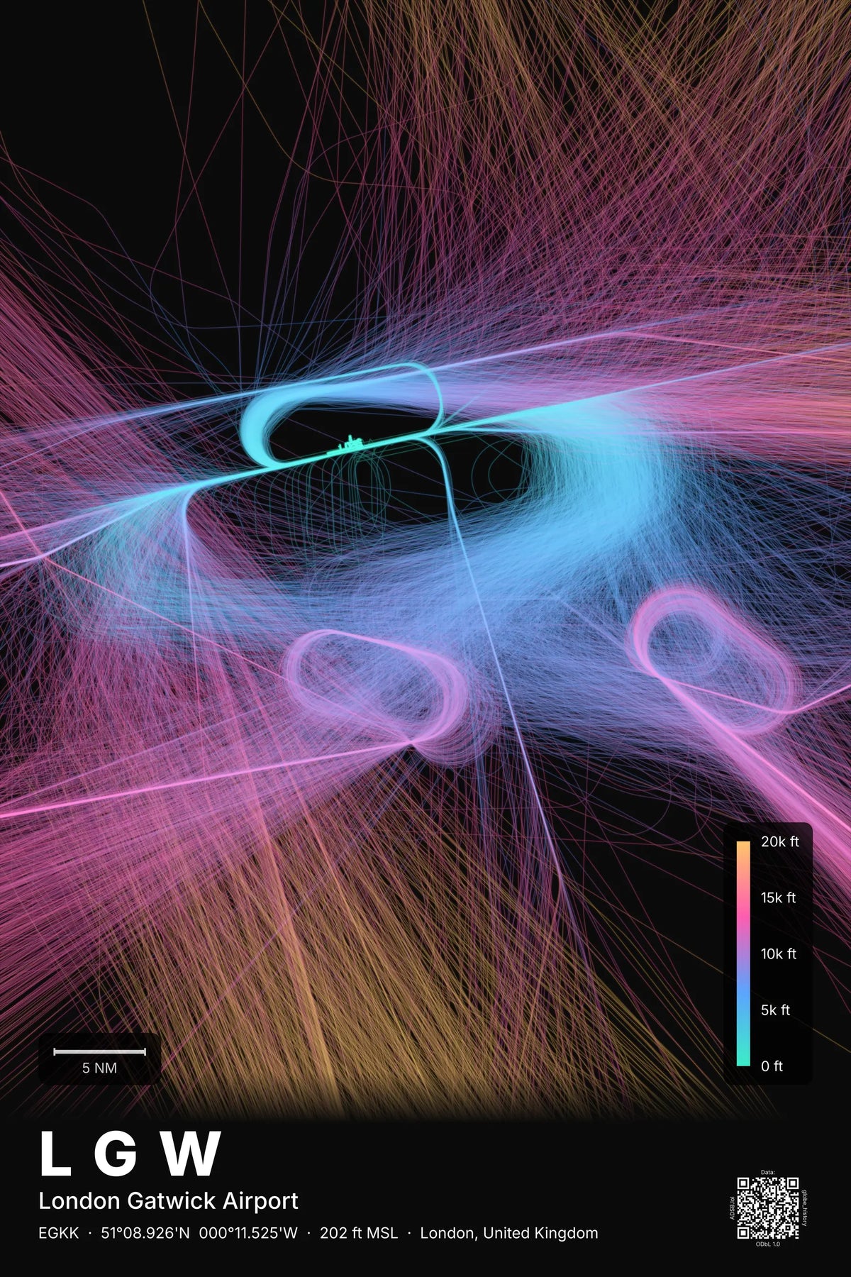 LGW flight path map — Aurora theme · Dark