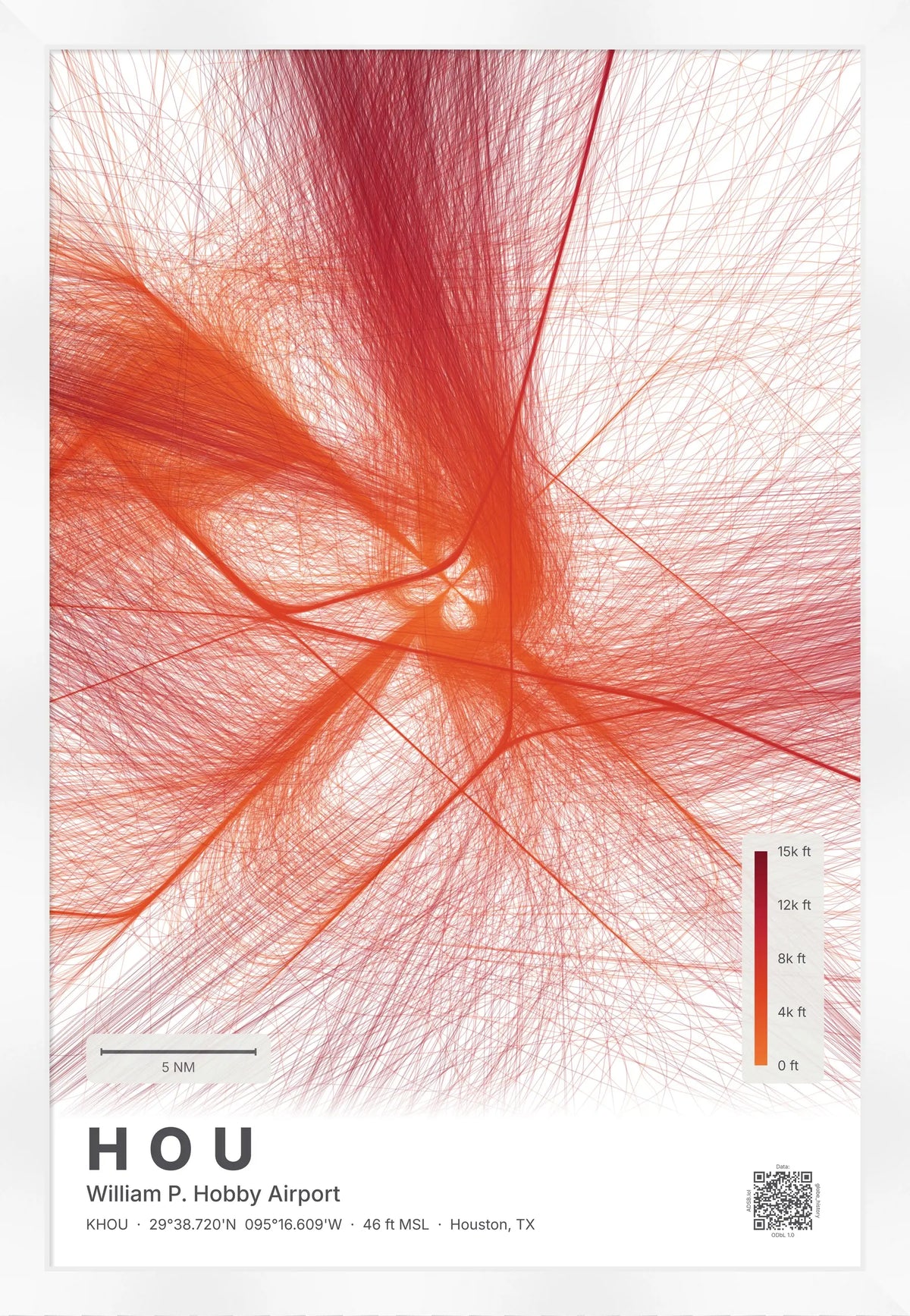 HOU flight path print — Inferno theme · Light [material:framed_white]