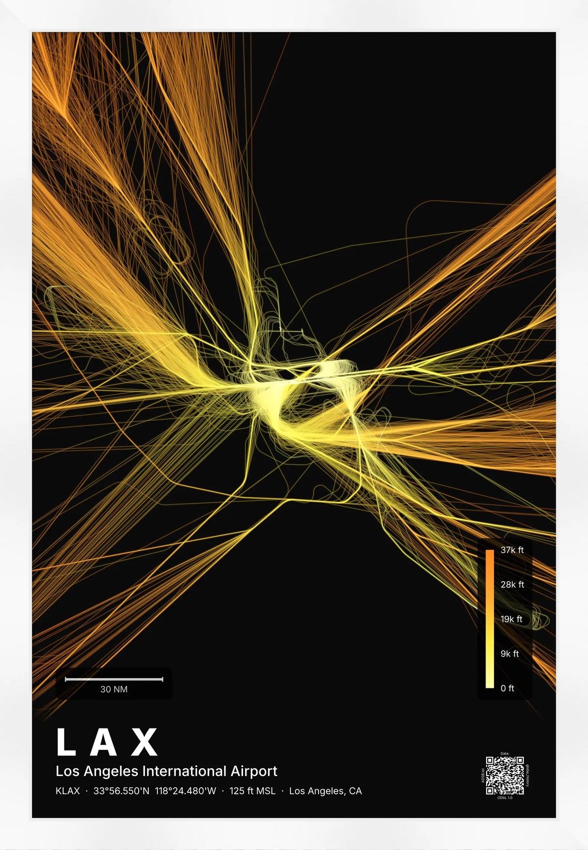 LAX flight path print — Solana theme · Dark [material:framed_white]