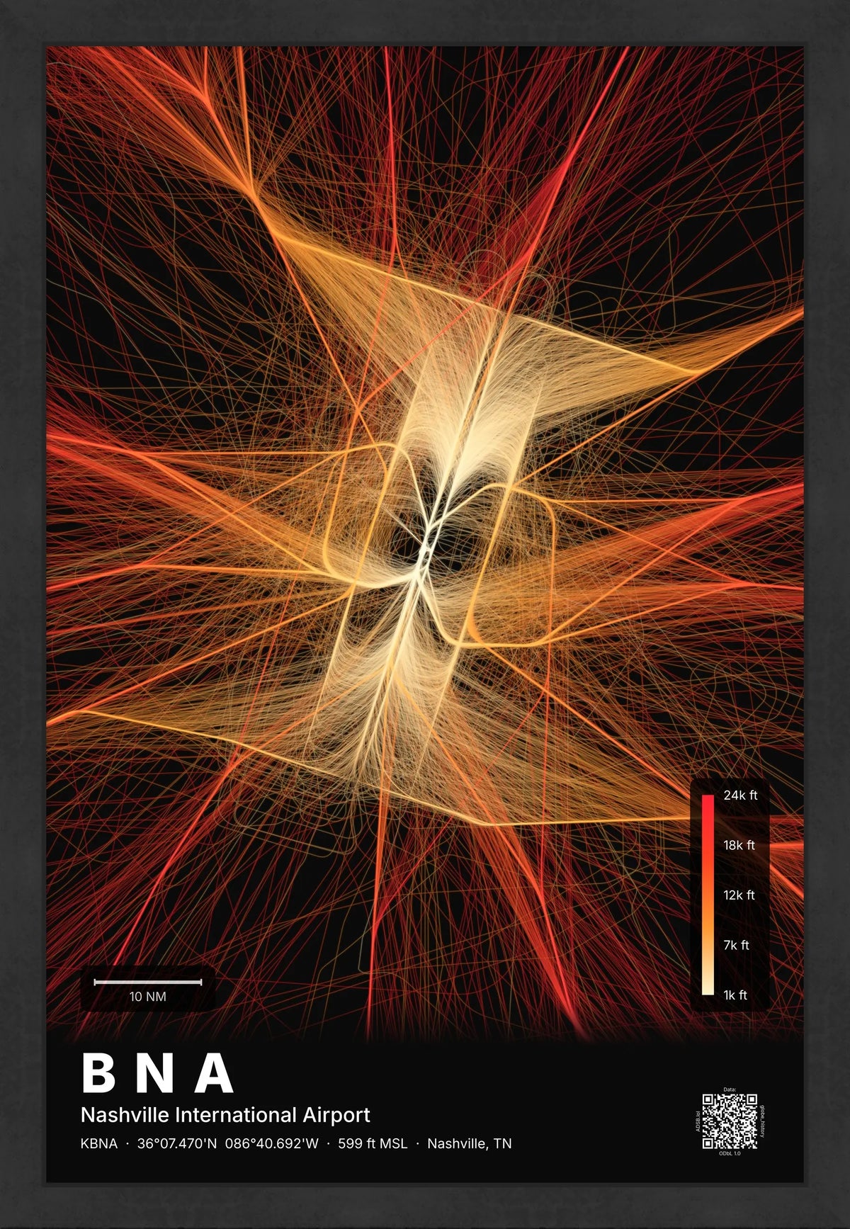 BNA flight path print — Inferno theme · Dark [material:framed_black]