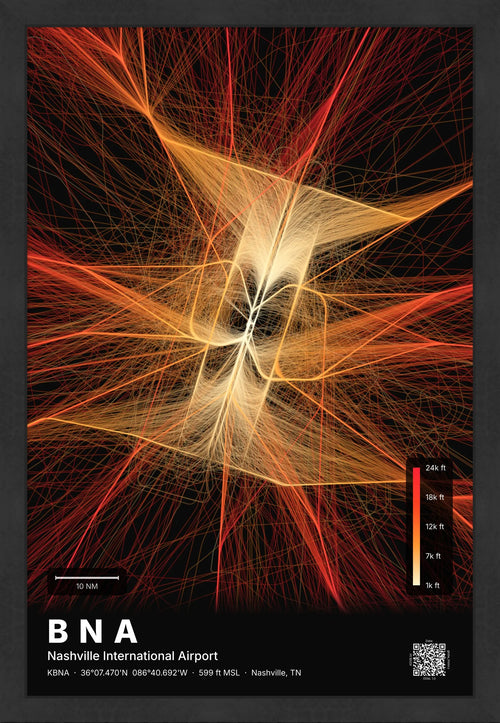 BNA flight path print — Inferno theme · Dark [material:framed_black]