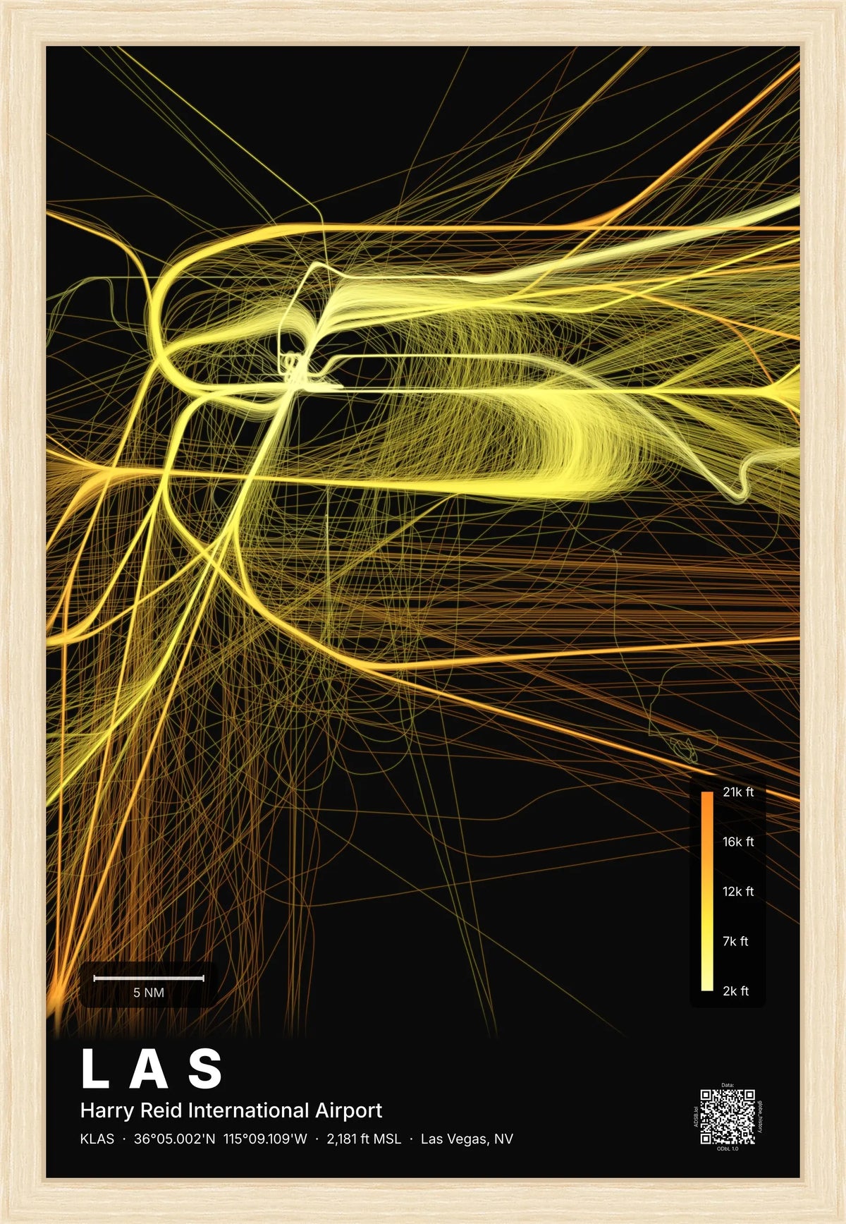 LAS flight path print — Solana theme · Dark [material:framed_natural]