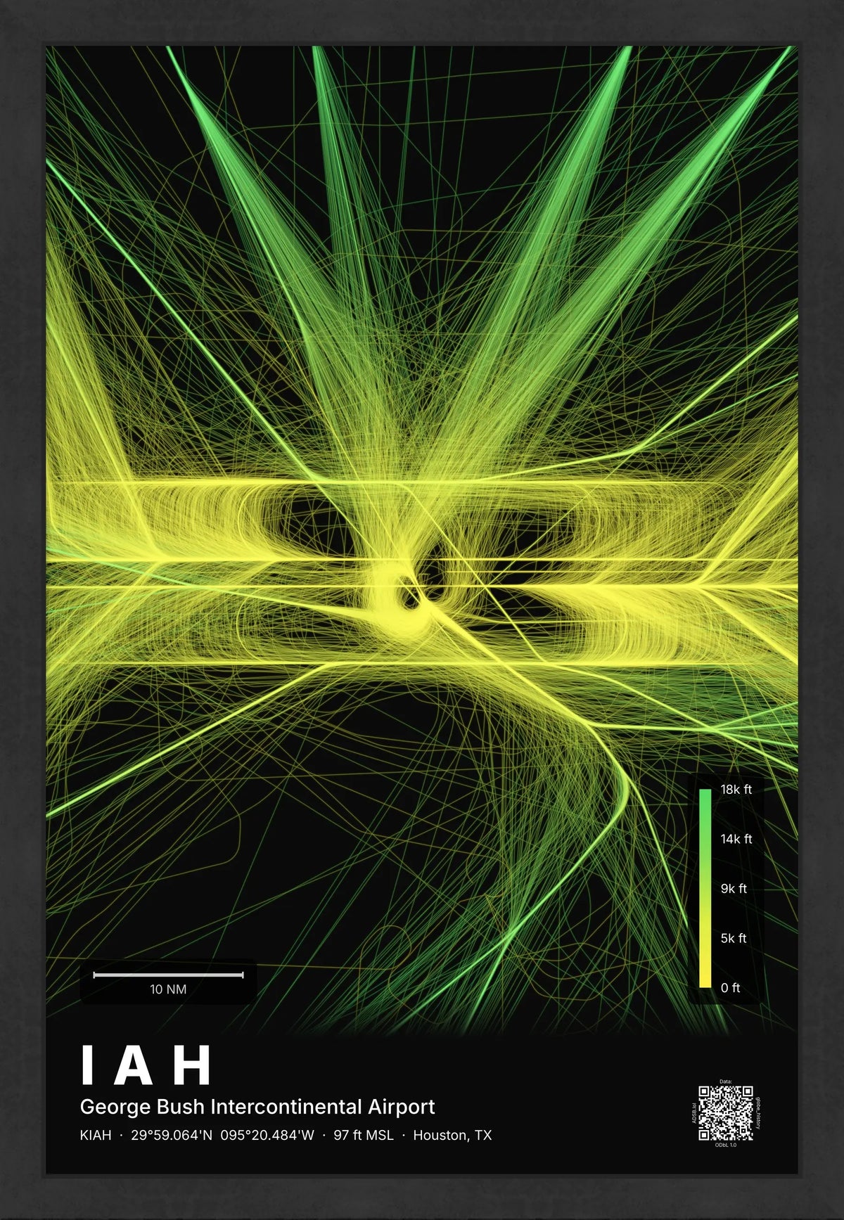 IAH flight path print — Citrus theme · Dark [material:framed_black]