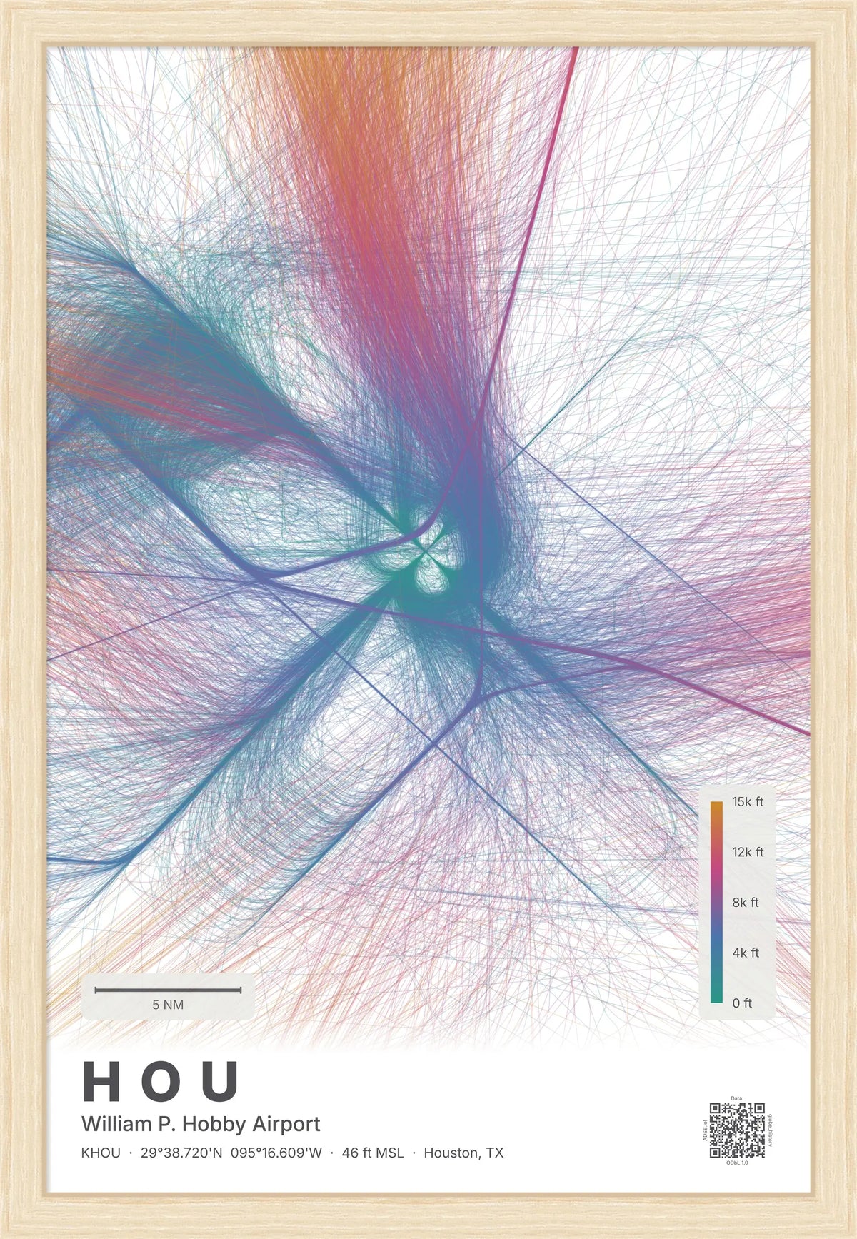 HOU flight path print — Aurora theme · Light [material:framed_natural]