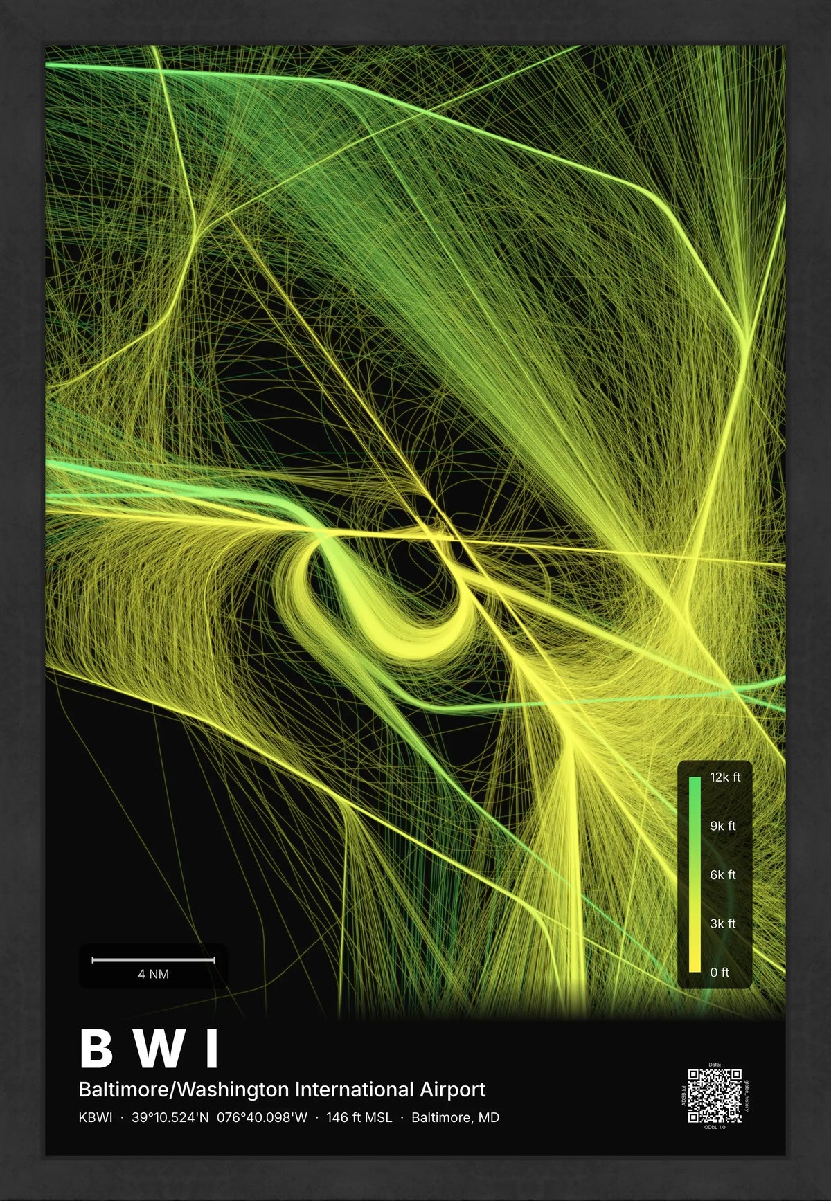 BWI flight path print — Citrus theme · Dark [material:framed_black]