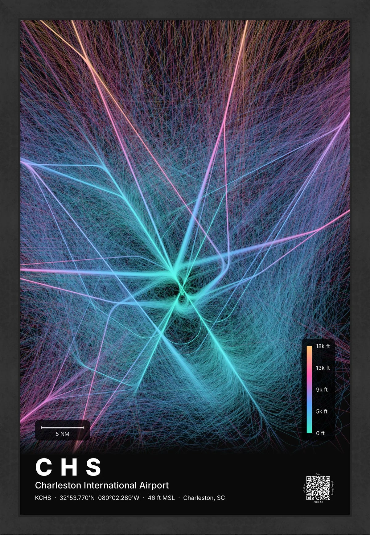 CHS flight path print — Aurora theme · Dark [material:framed_black]