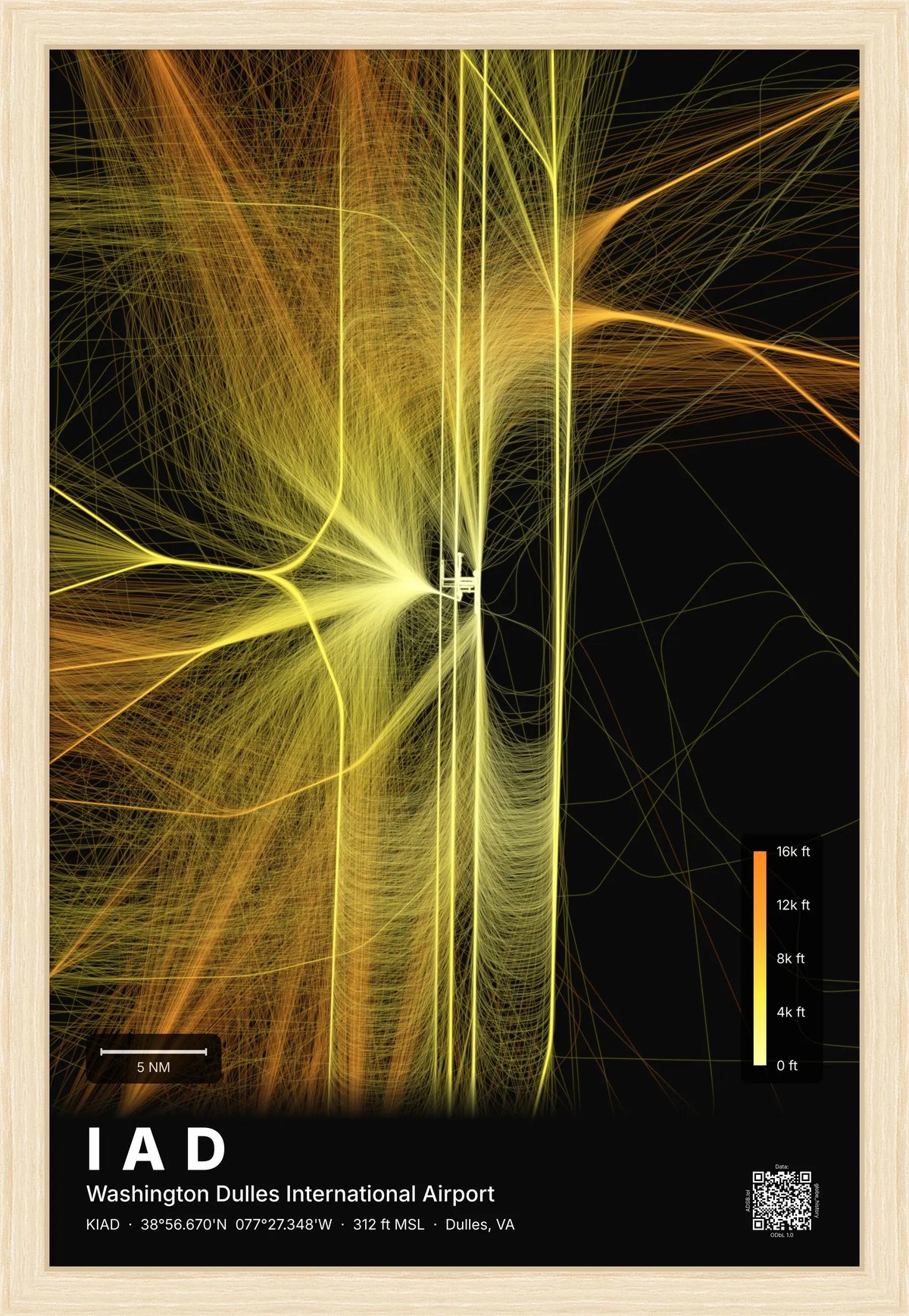 IAD flight path print — Solana theme · Dark [material:framed_natural]