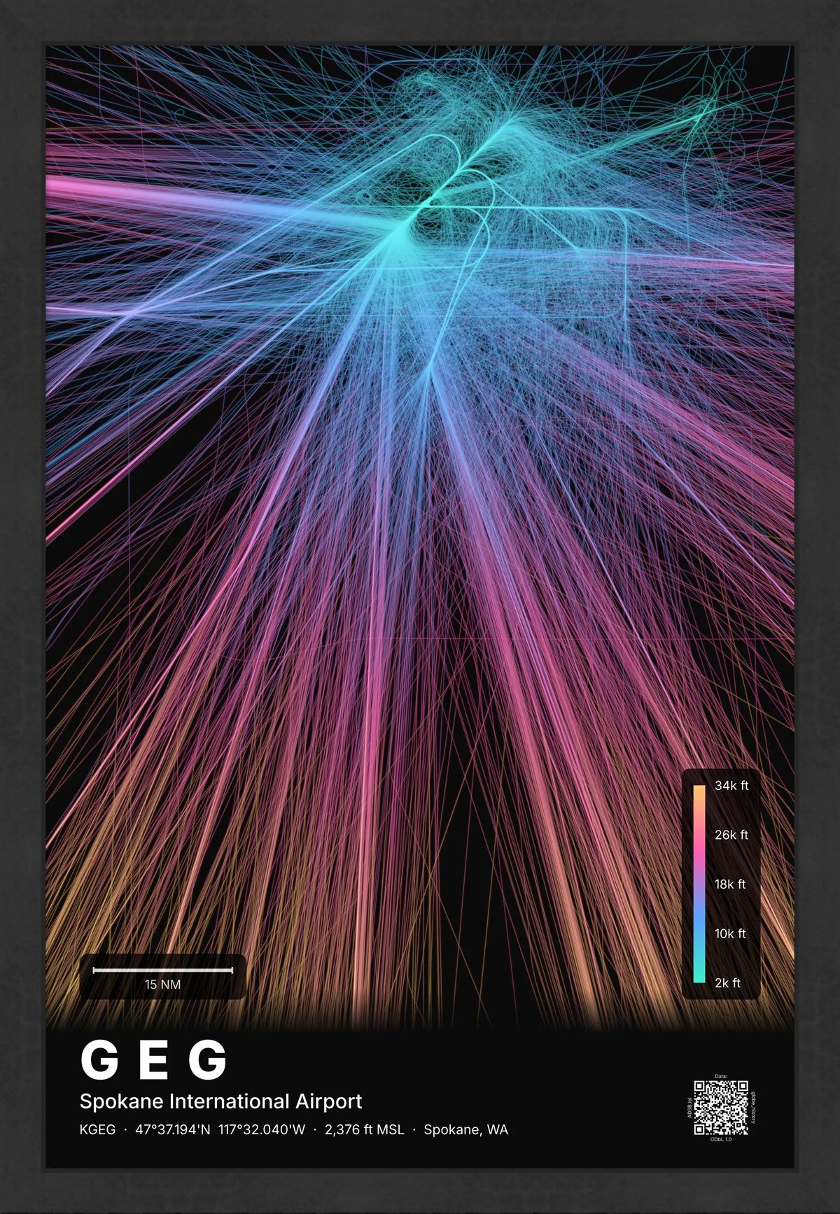 GEG flight path print — Aurora theme · Dark [material:framed_black]