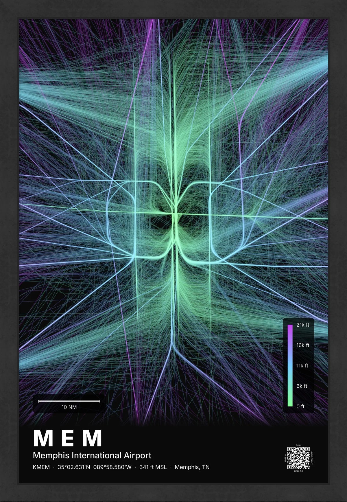 MEM flight path print — Prism theme · Dark [material:framed_black]