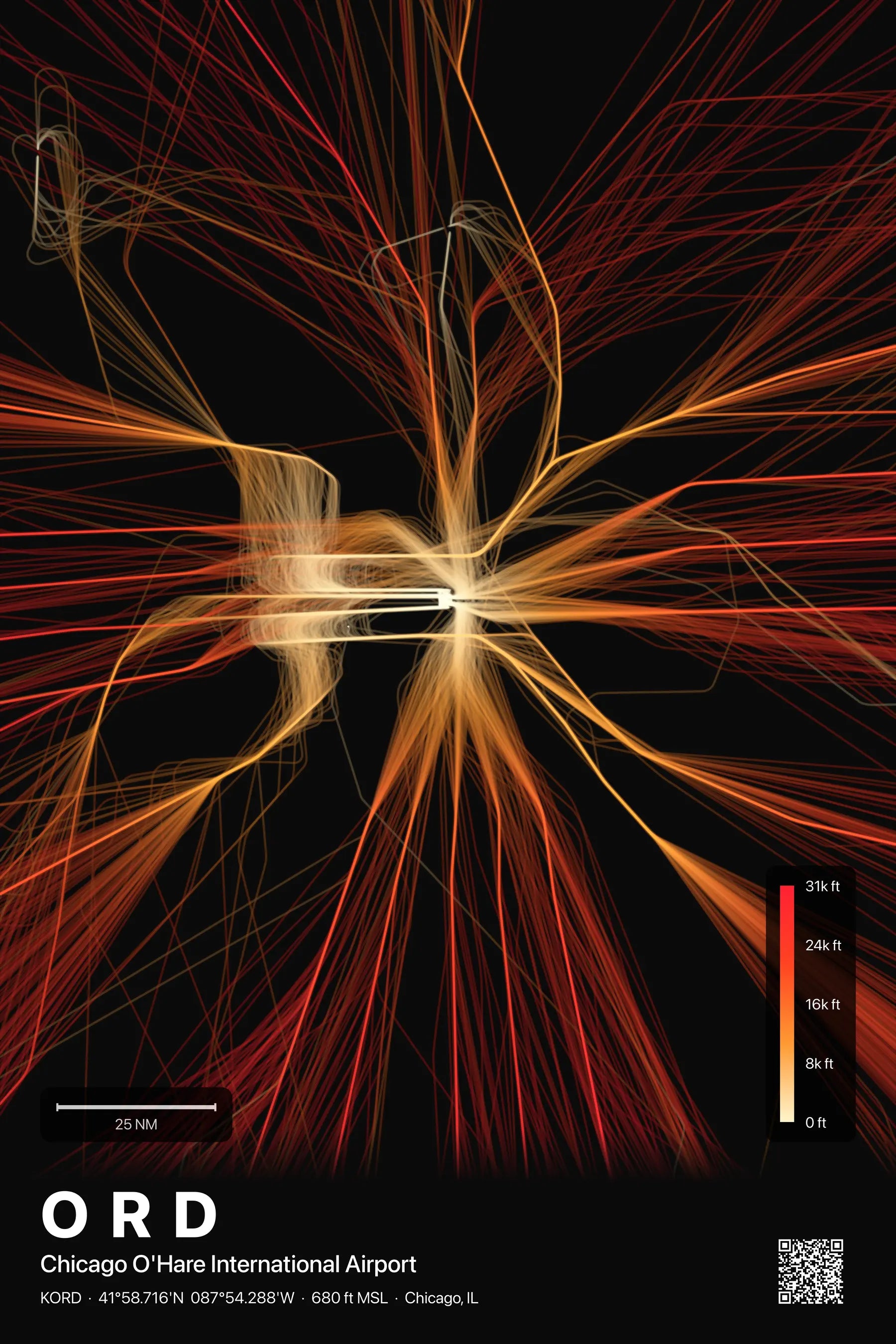 ORD flight path print — Inferno theme · Dark