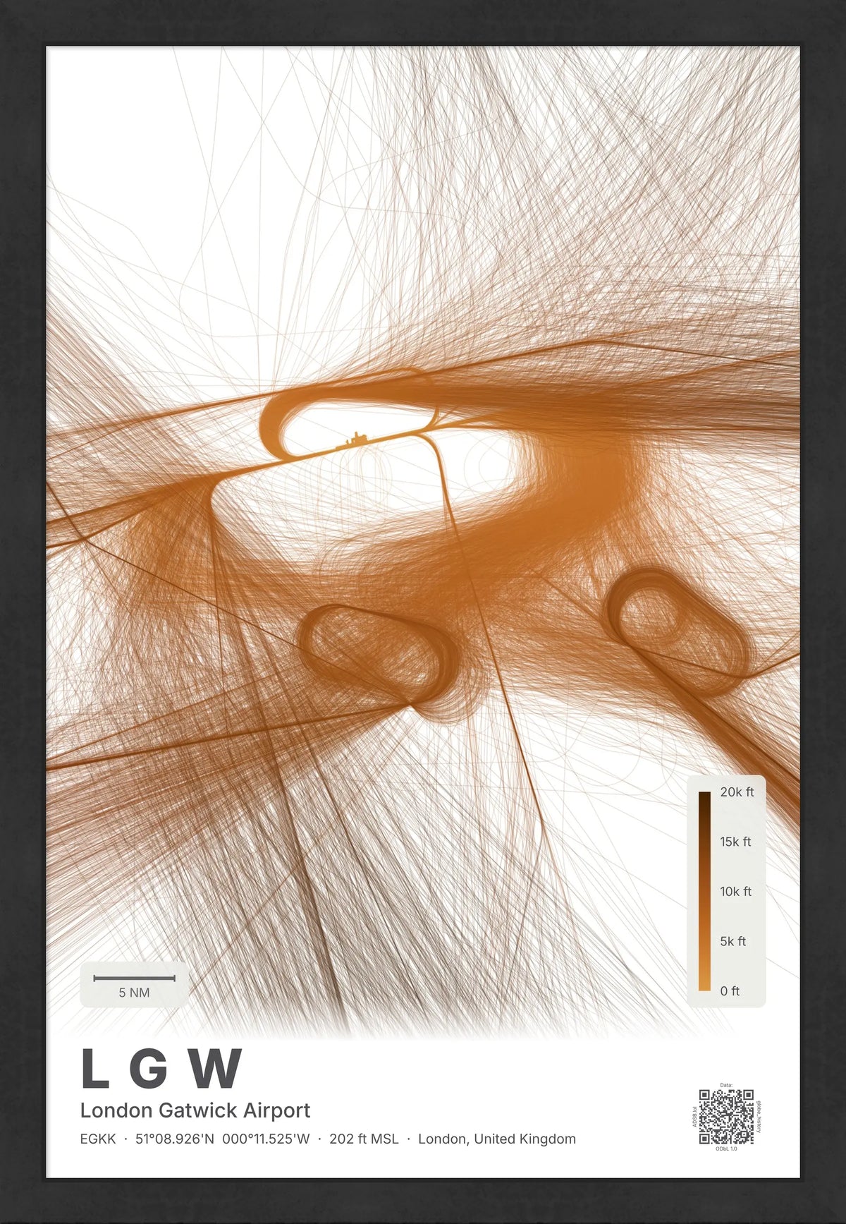 LGW flight path map — Solana theme · Light [material:framed_black]