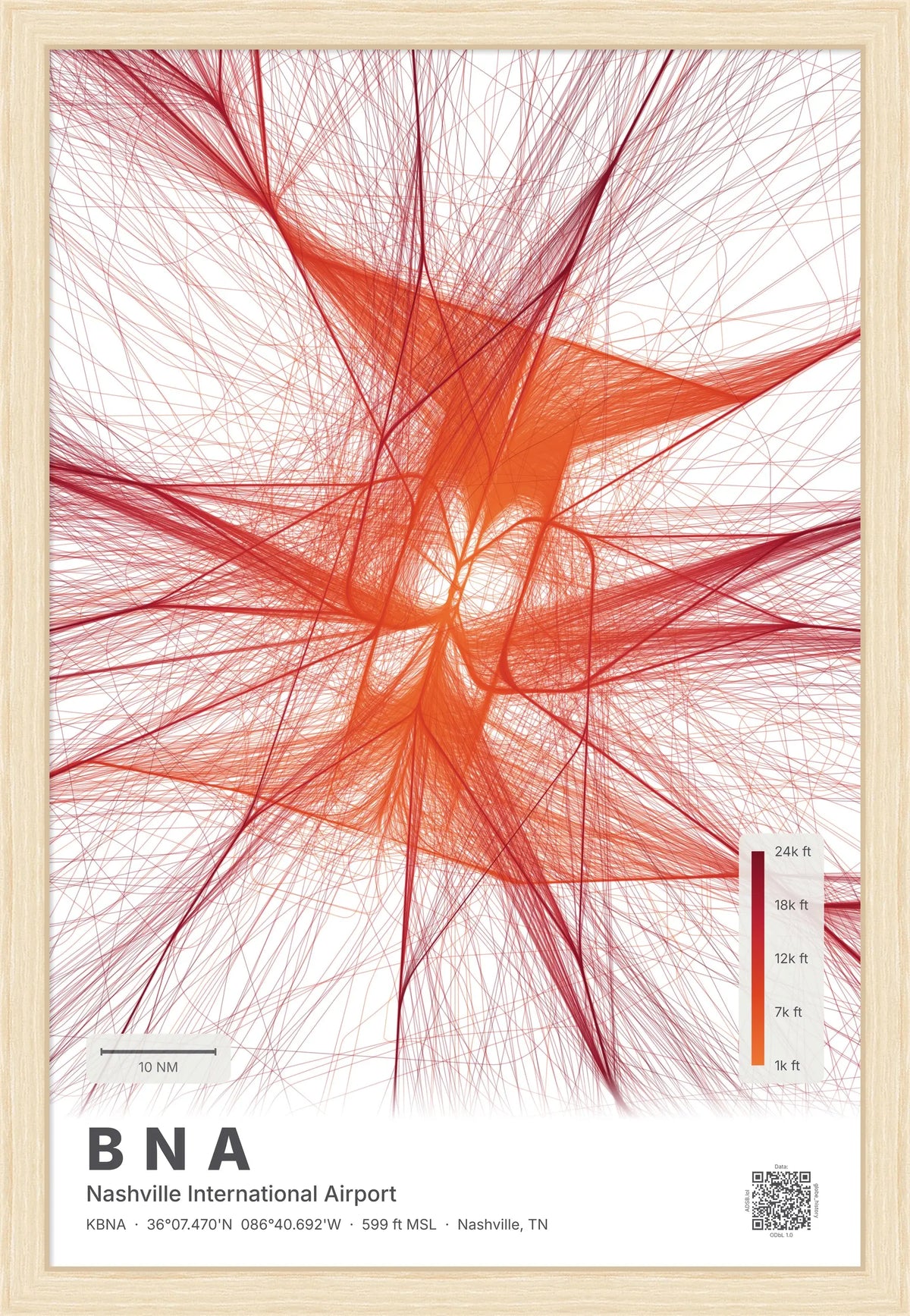 BNA flight path print — Inferno theme · Light [material:framed_natural]