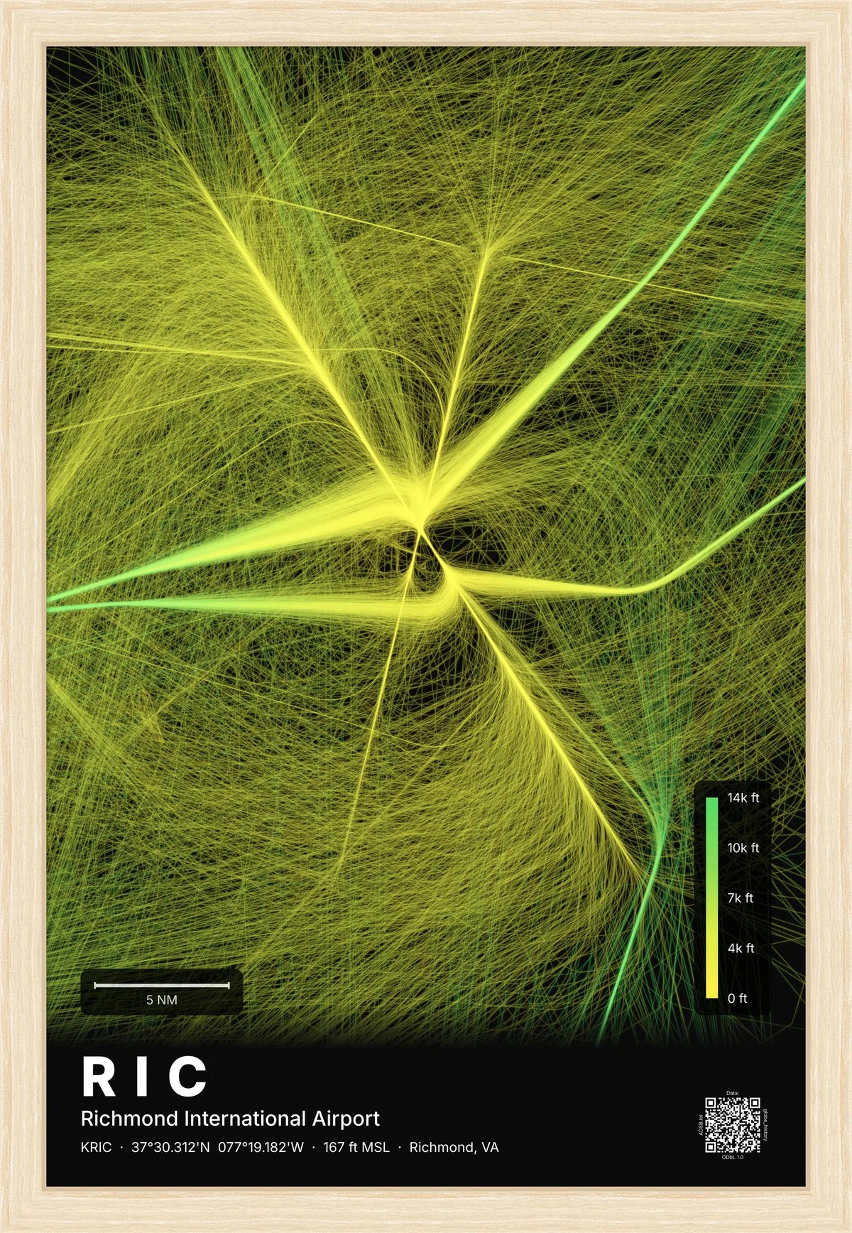 RIC flight path print — Citrus theme · Dark [material:framed_natural]