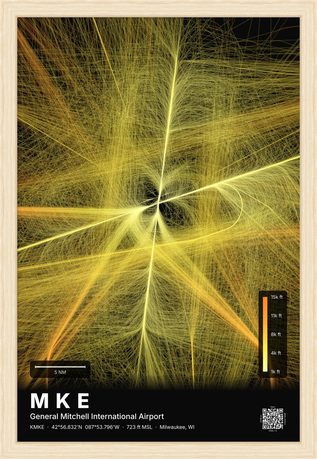 MKE flight path print — Solana theme · Dark [material:framed_natural]
