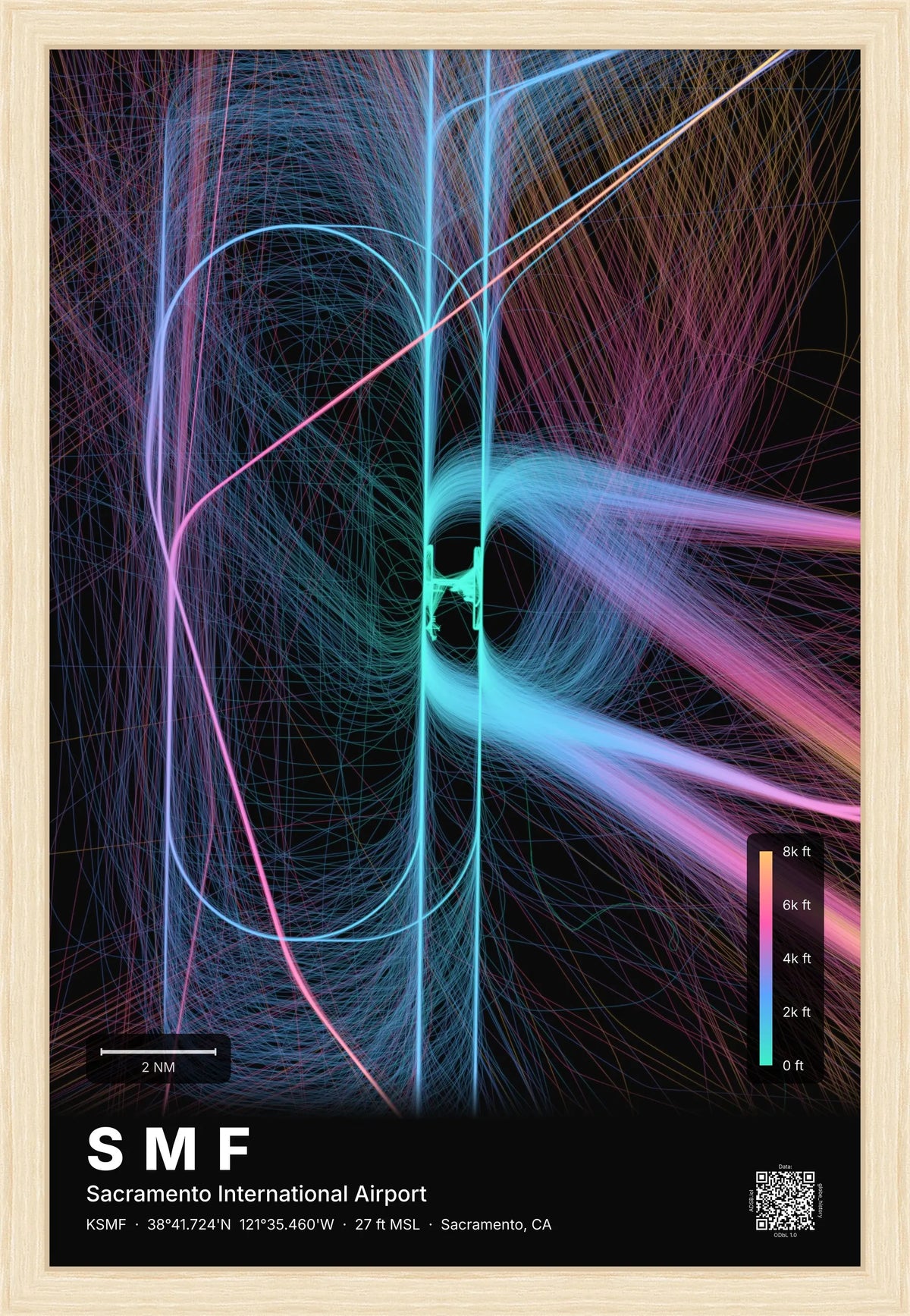 SMF flight path print — Aurora theme · Dark [material:framed_natural]