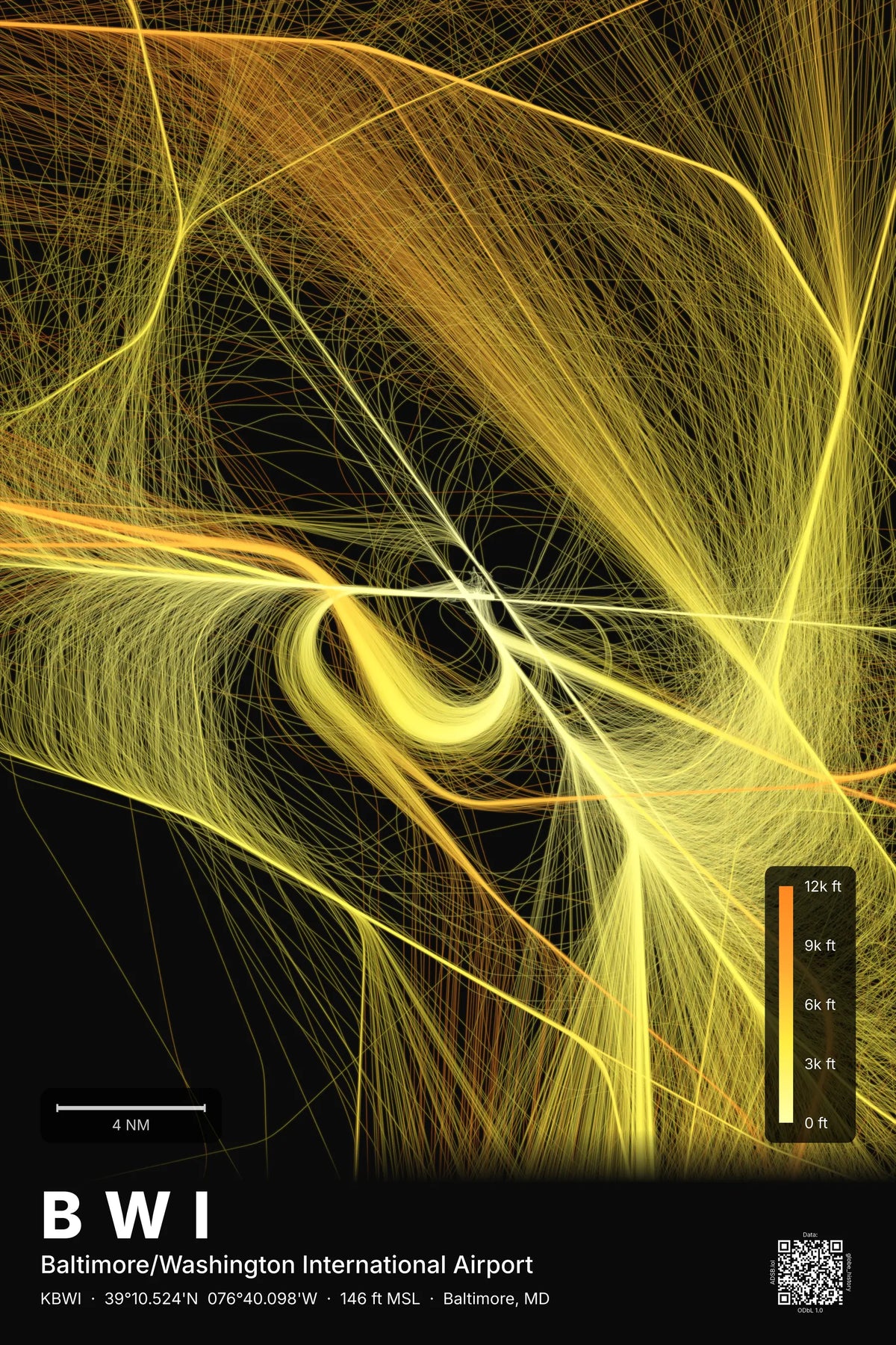 BWI flight path print — Solana theme · Dark