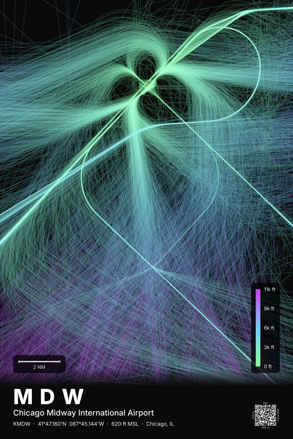 MDW flight path print — Prism theme · Dark