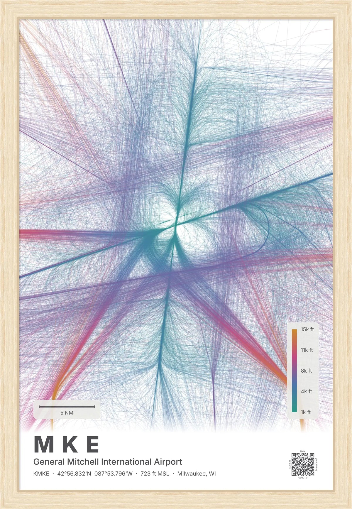 MKE flight path print — Aurora theme · Light [material:framed_natural]