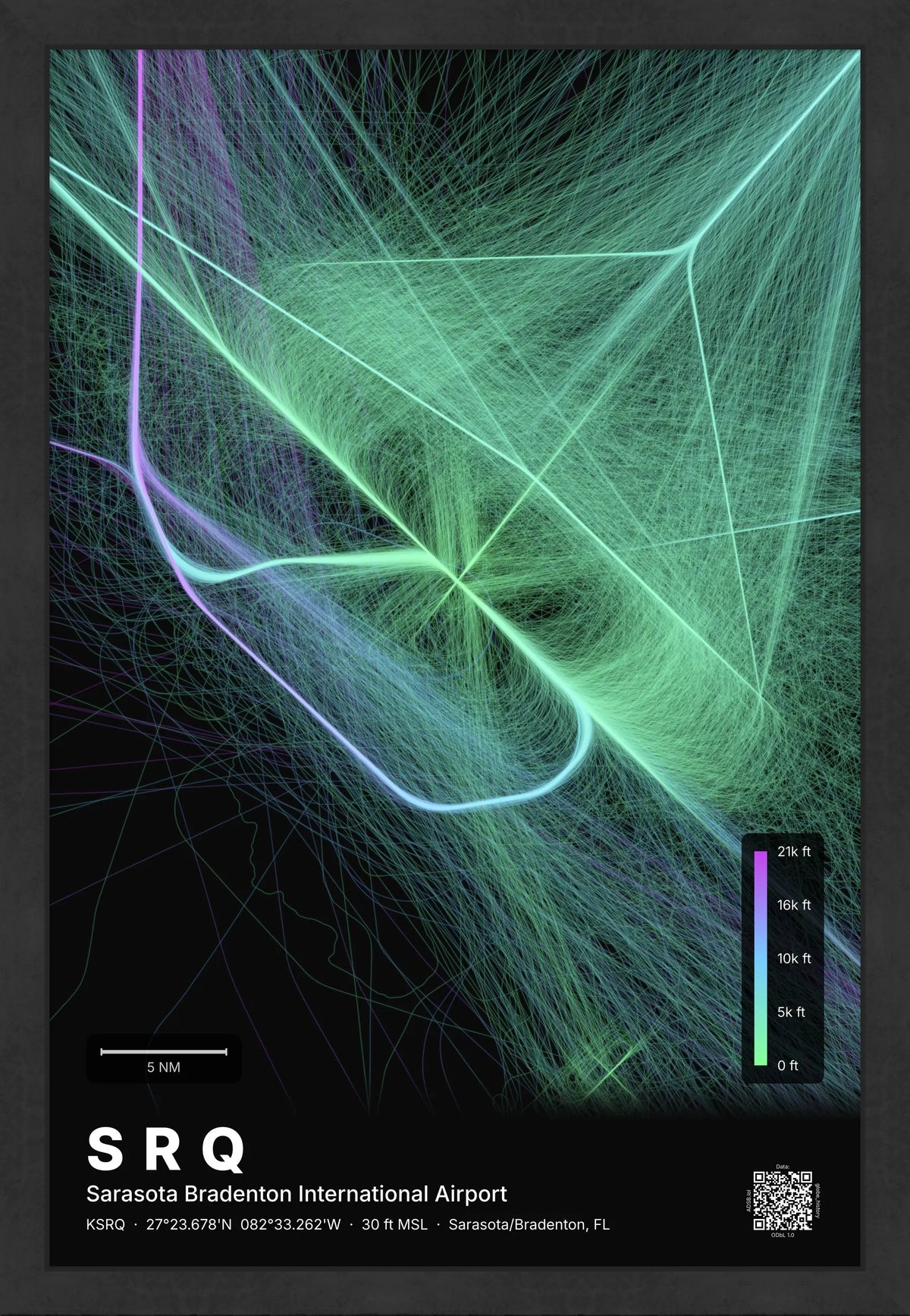 SRQ flight path print — Prism theme · Dark [material:framed_black]