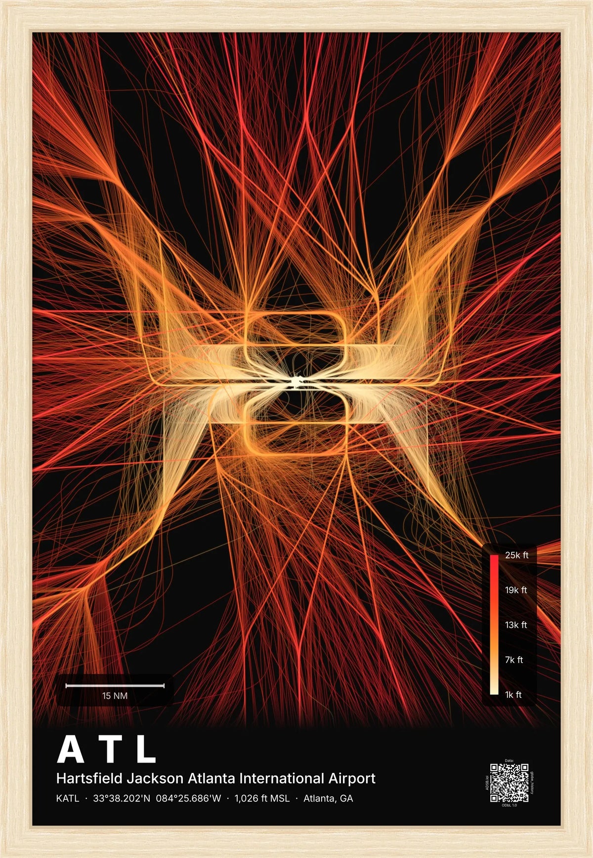 ATL flight path print — Inferno theme · Dark [material:framed_natural]