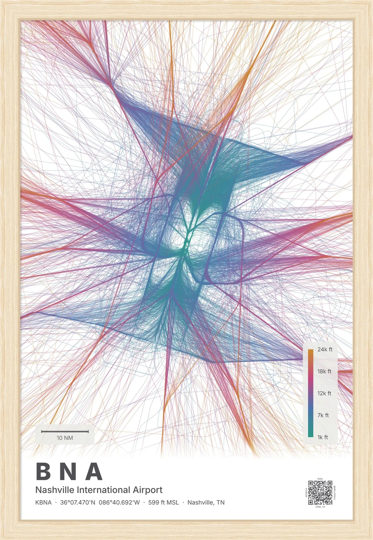 BNA flight path print — Aurora theme · Light [material:framed_natural]