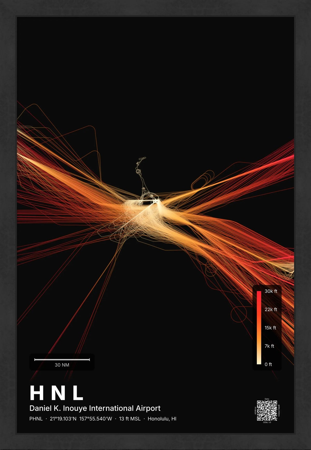 HNL flight path print — Inferno theme · Dark [material:framed_black]
