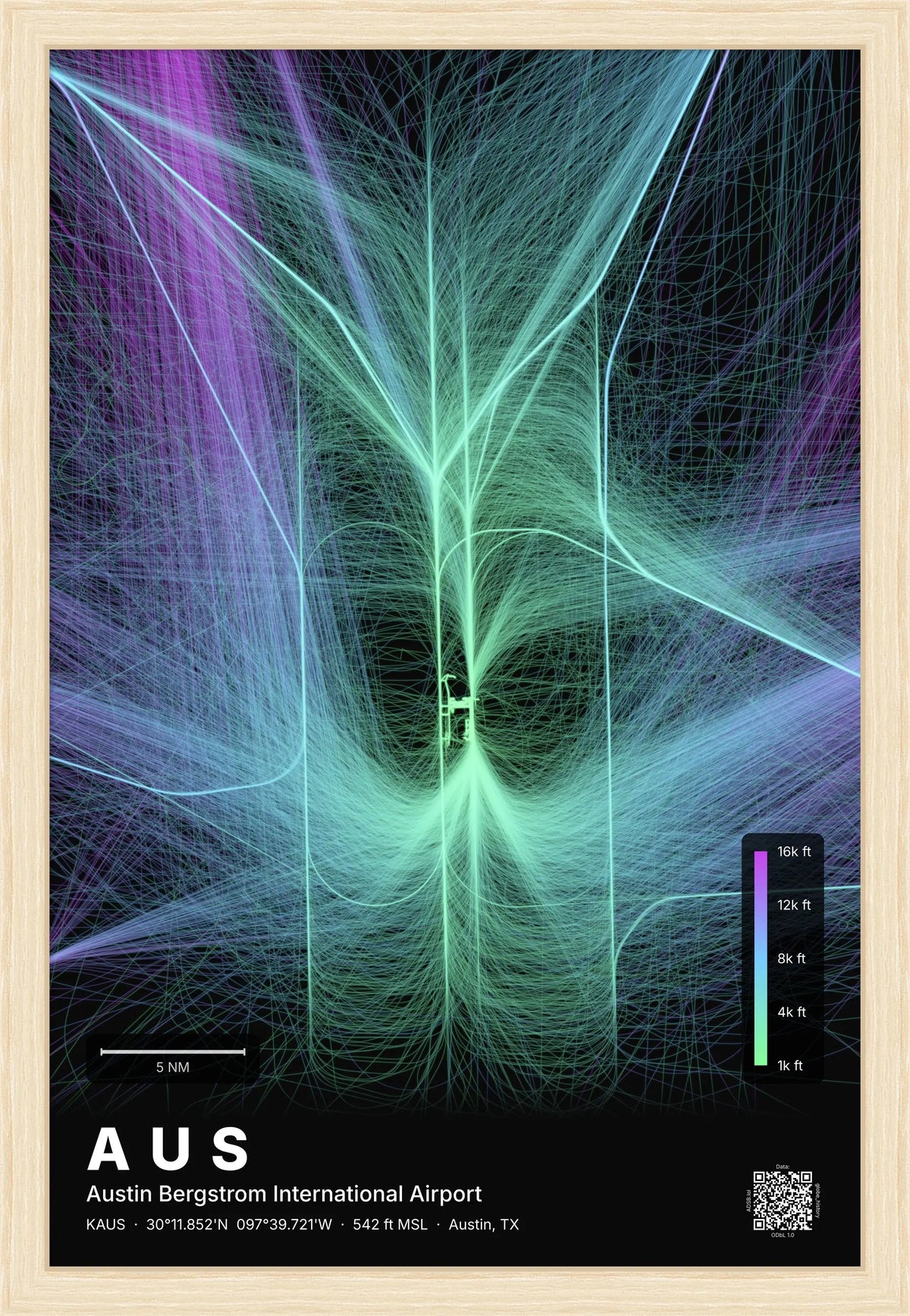AUS flight path print — Prism theme · Dark [material:framed_natural]