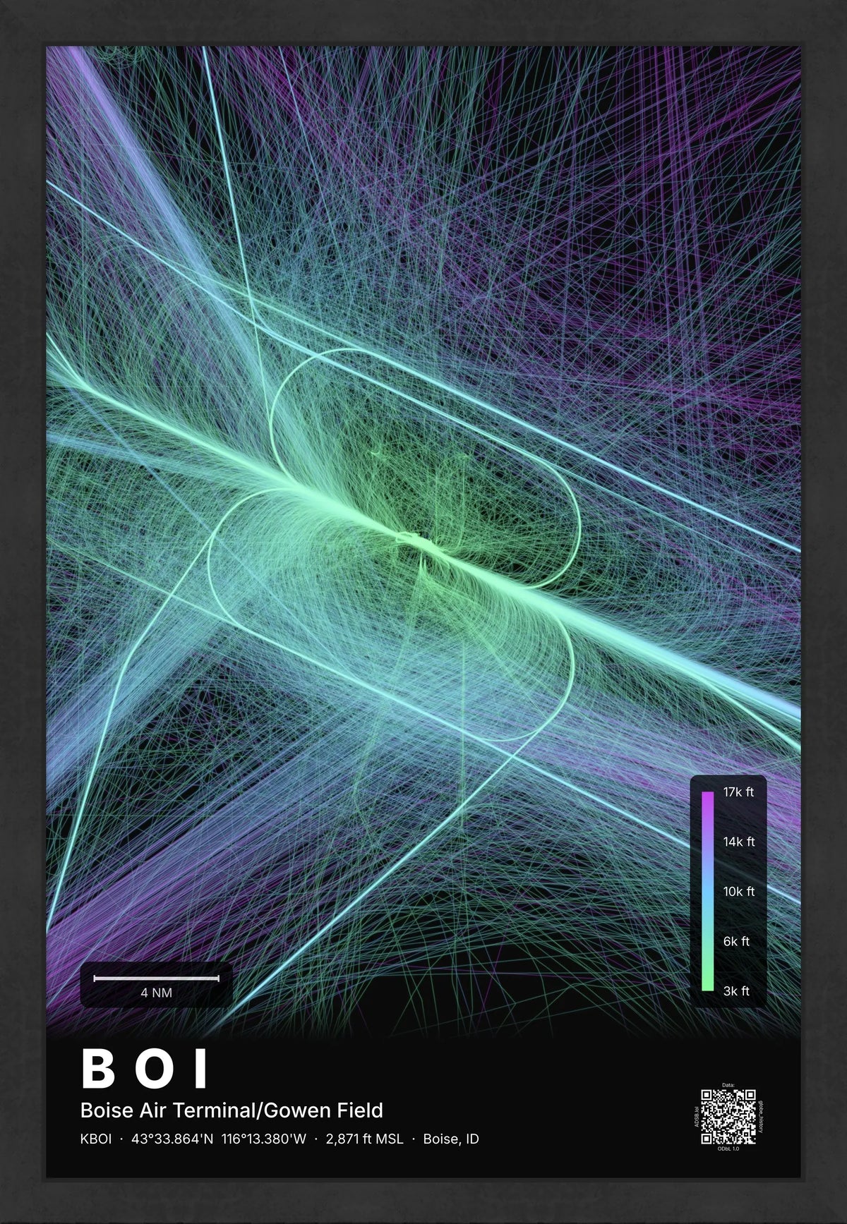BOI flight path print — Prism theme · Dark [material:framed_black]