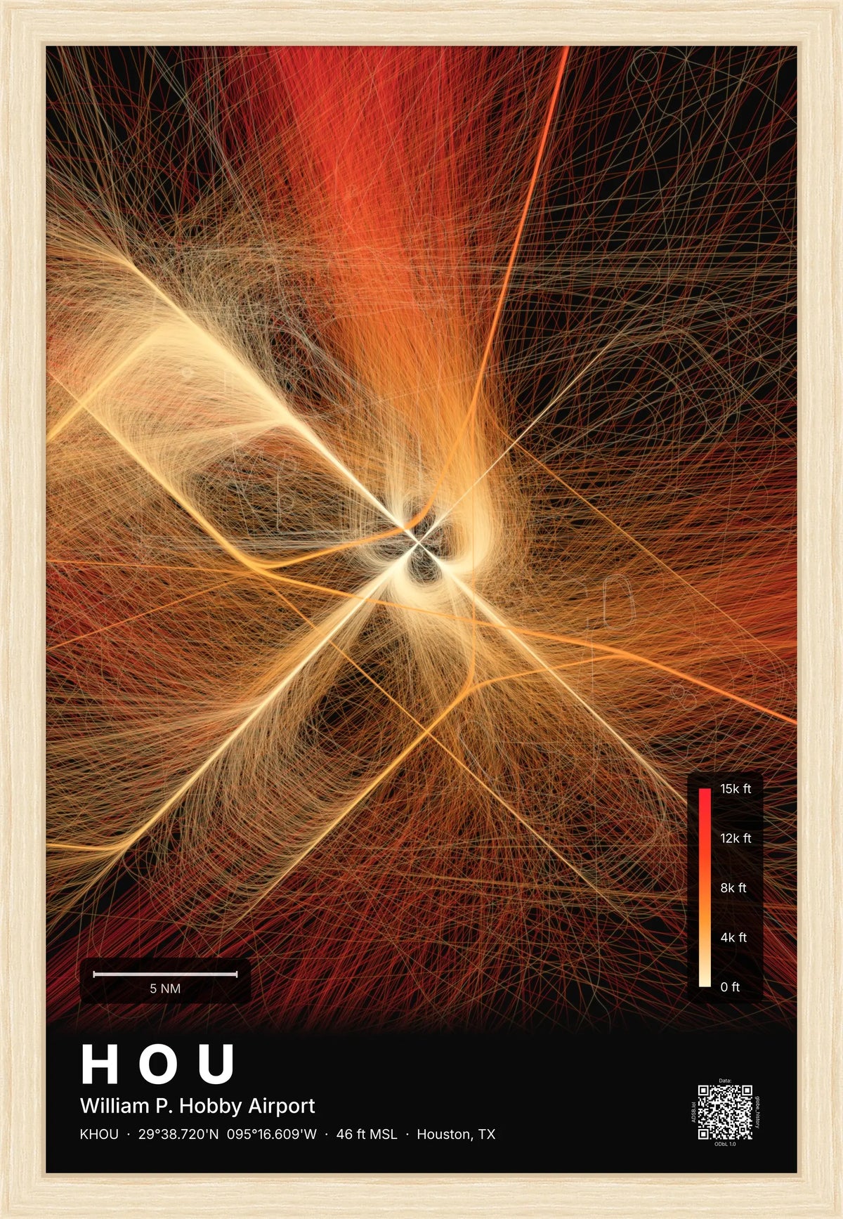 HOU flight path print — Inferno theme · Dark [material:framed_natural]