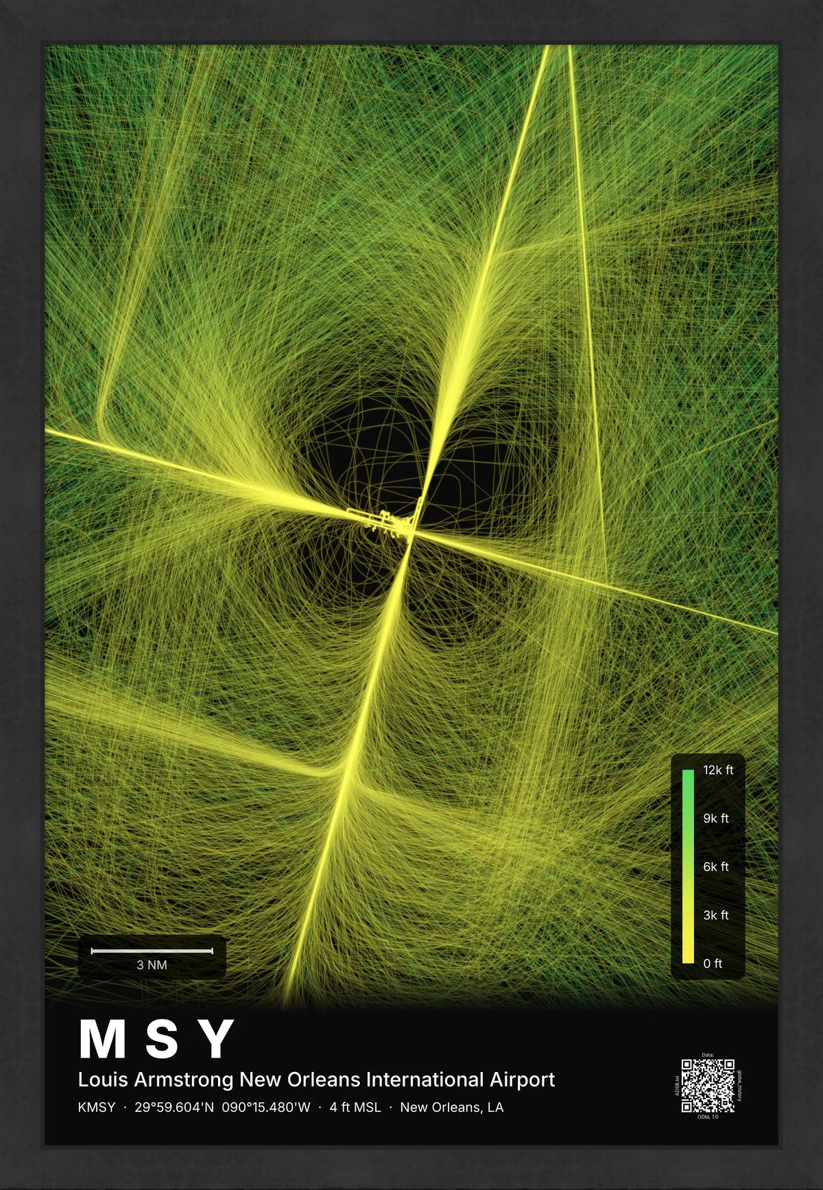MSY flight path print — Citrus theme · Dark [material:framed_black]