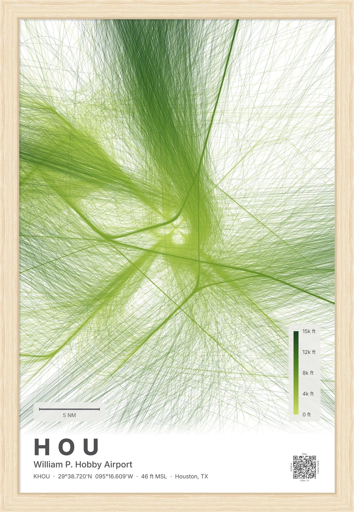 HOU flight path print — Citrus theme · Light [material:framed_natural]