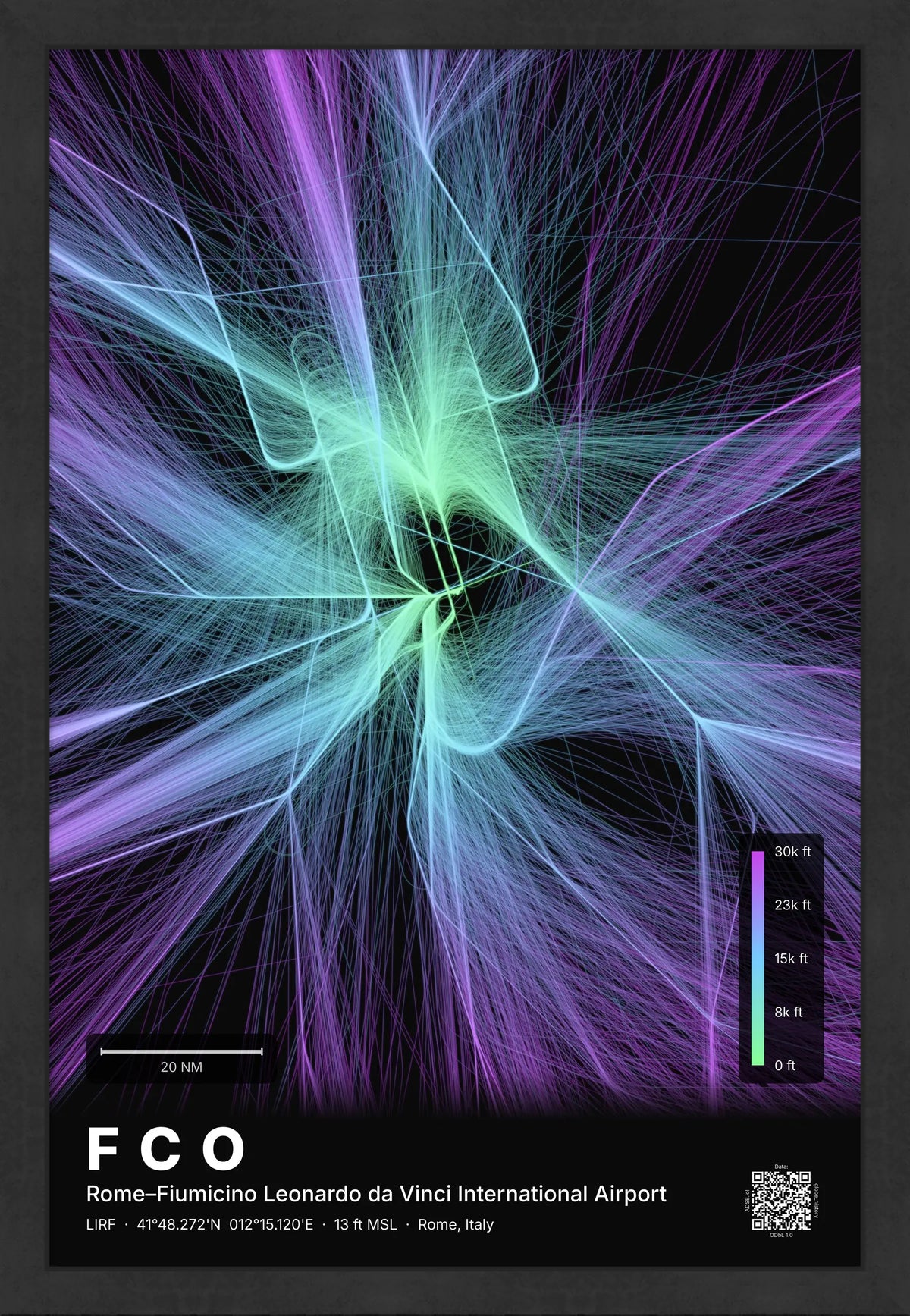 FCO flight path print — Prism theme · Dark [material:framed_black]