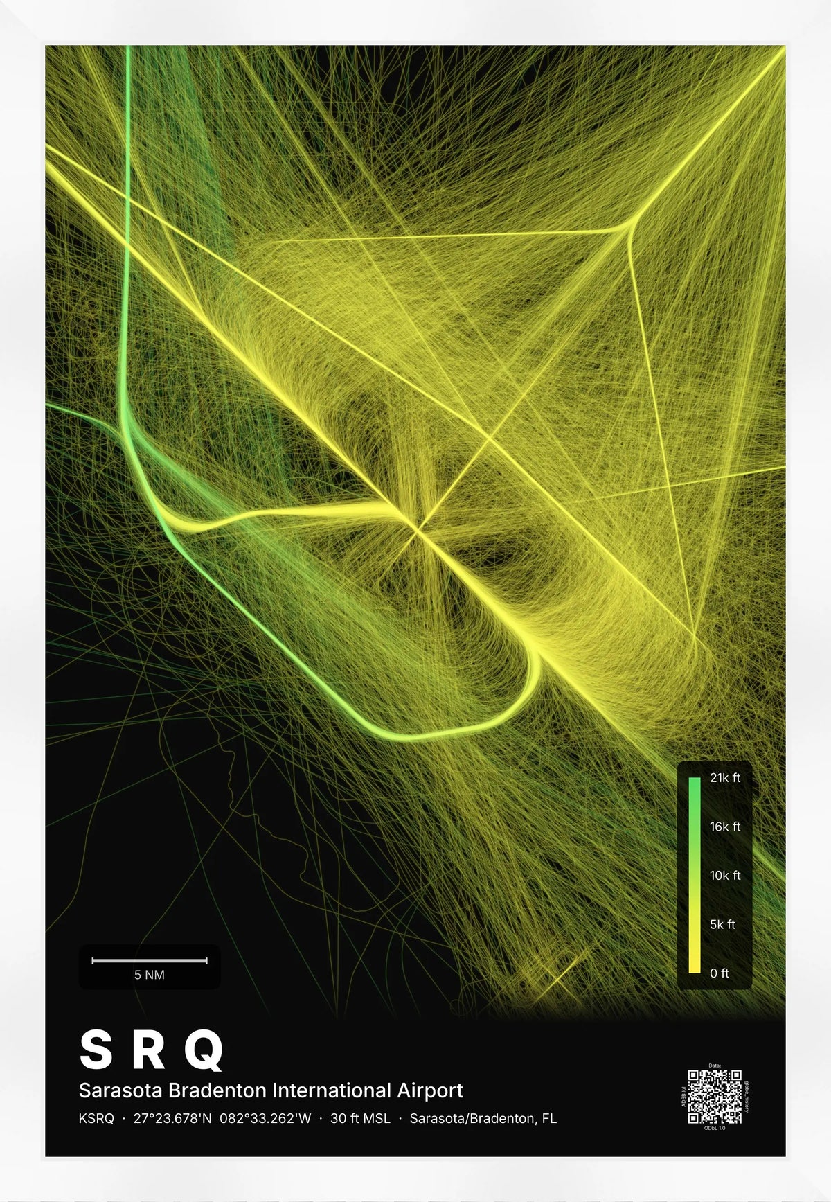 SRQ flight path print — Citrus theme · Dark [material:framed_white]