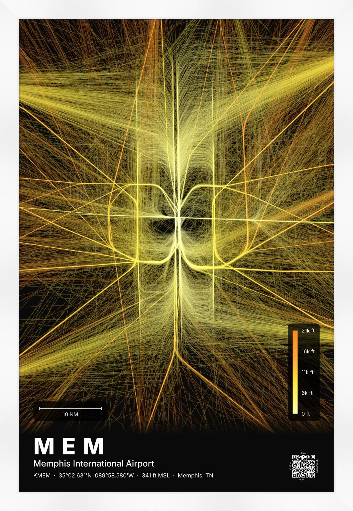 MEM flight path print — Solana theme · Dark [material:framed_white]