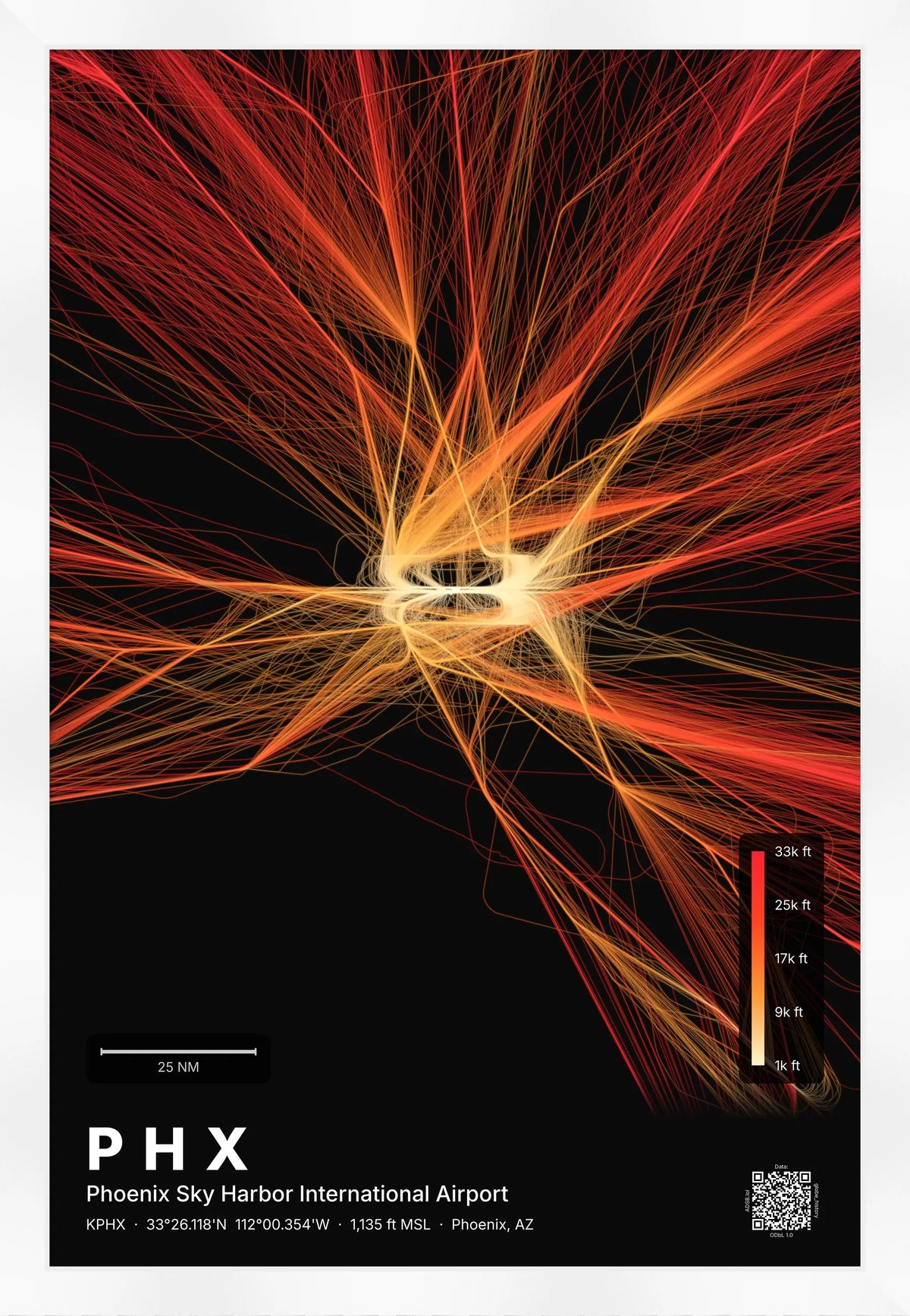 PHX flight path print — Inferno theme · Dark [material:framed_white]
