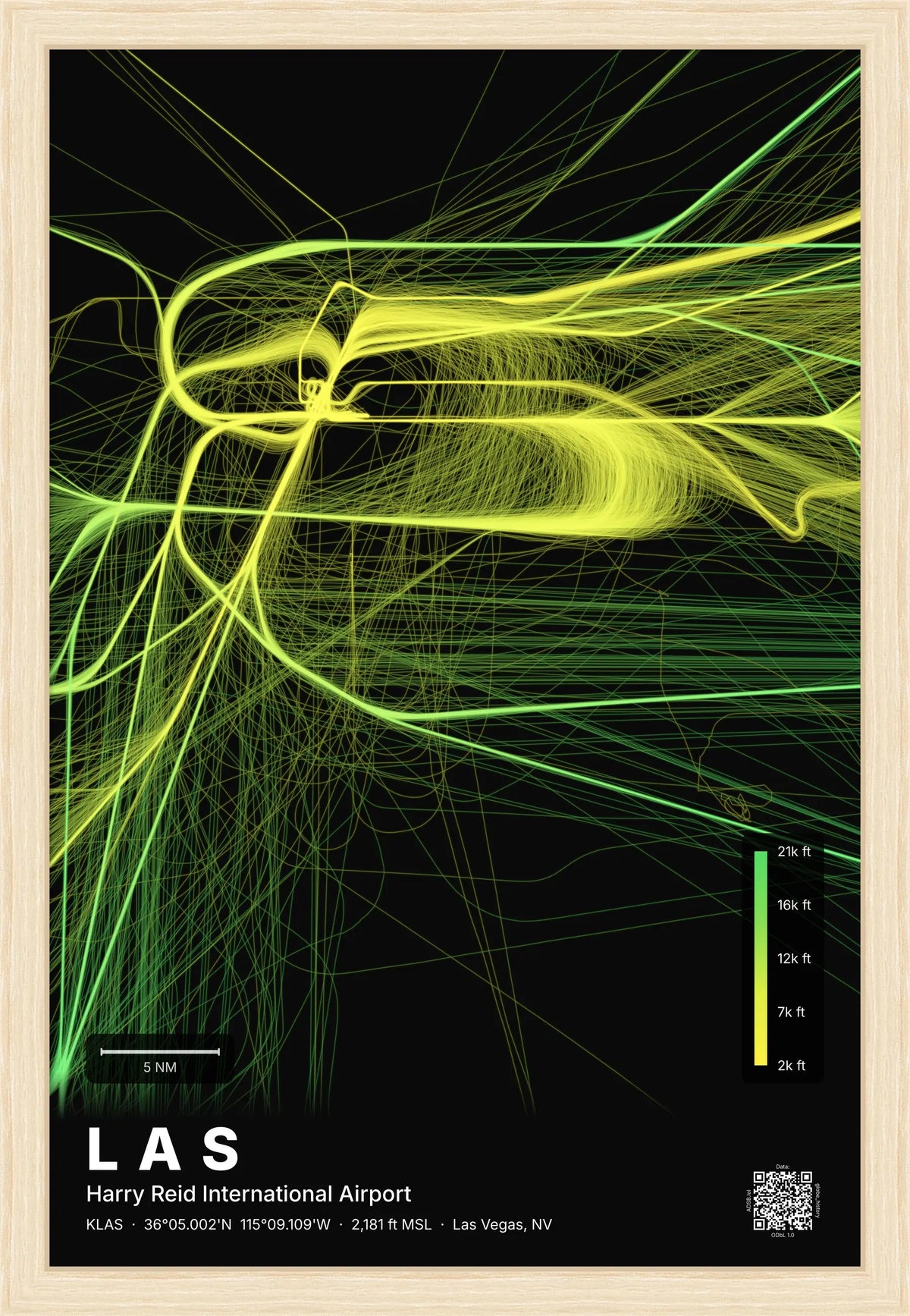 LAS flight path print — Citrus theme · Dark [material:framed_natural]