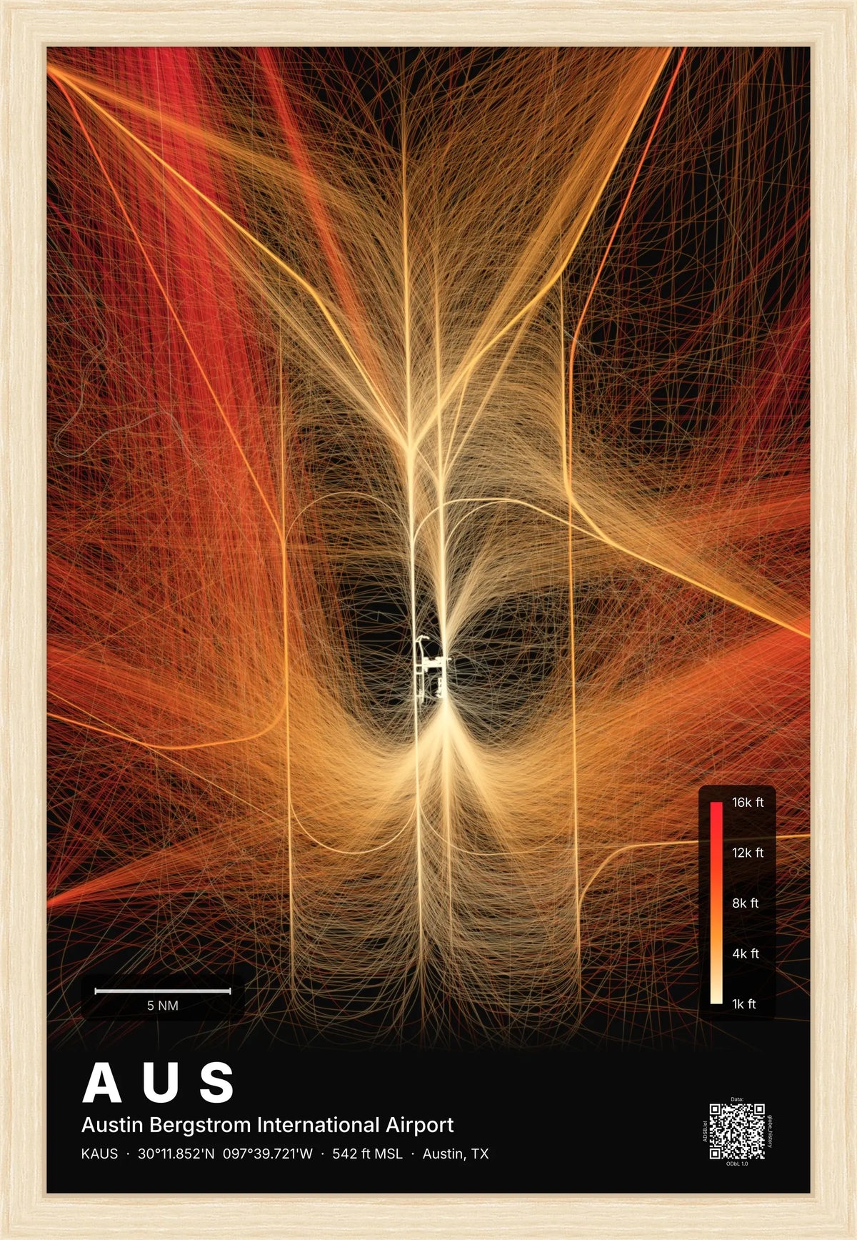 AUS flight path print — Inferno theme · Dark [material:framed_natural]