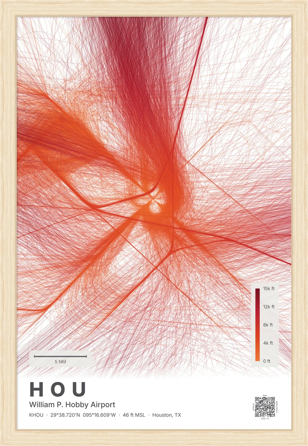 HOU flight path print — Inferno theme · Light [material:framed_natural]
