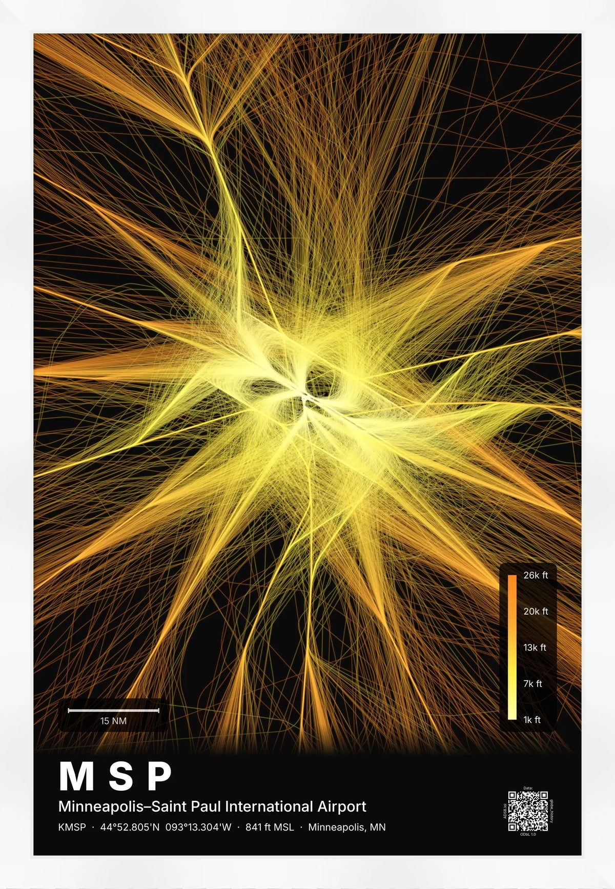 MSP flight path print — Solana theme · Dark [material:framed_white]