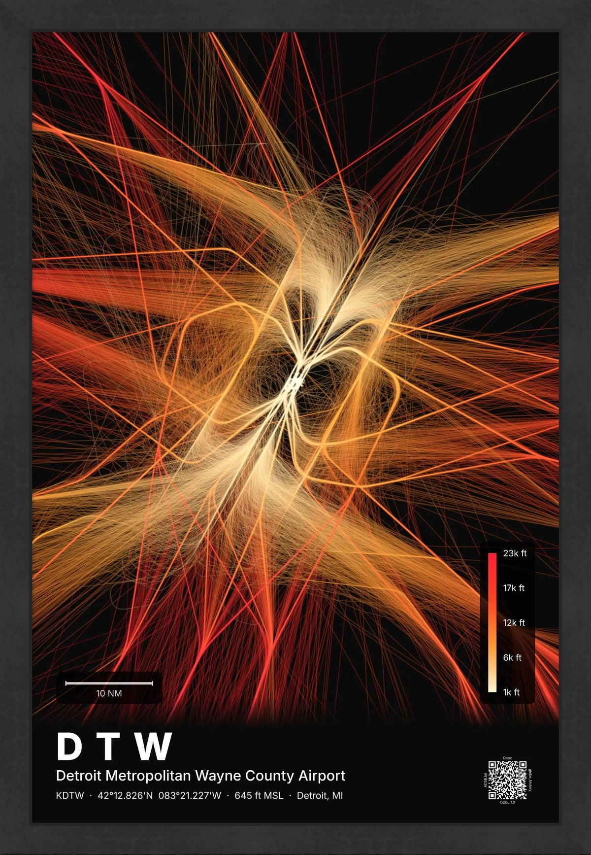 DTW flight path map — Inferno theme · Dark [material:framed_black]