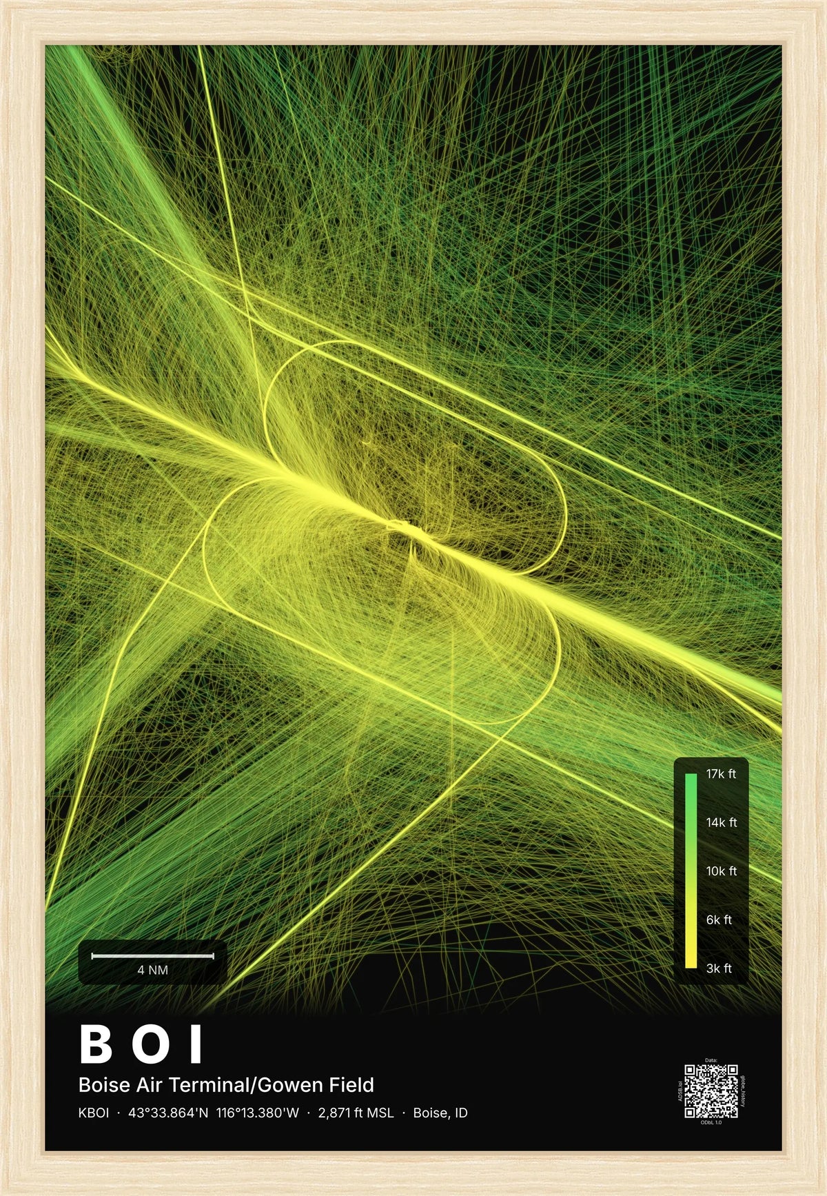 BOI flight path print — Citrus theme · Dark [material:framed_natural]