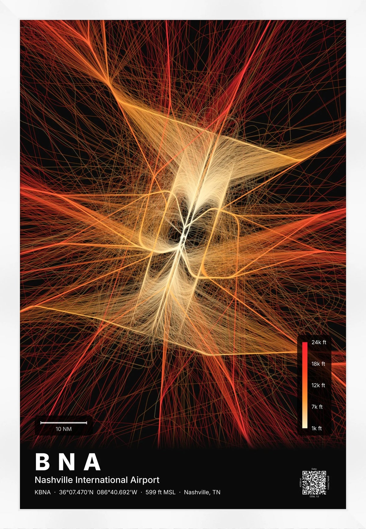 BNA flight path print — Inferno theme · Dark [material:framed_white]