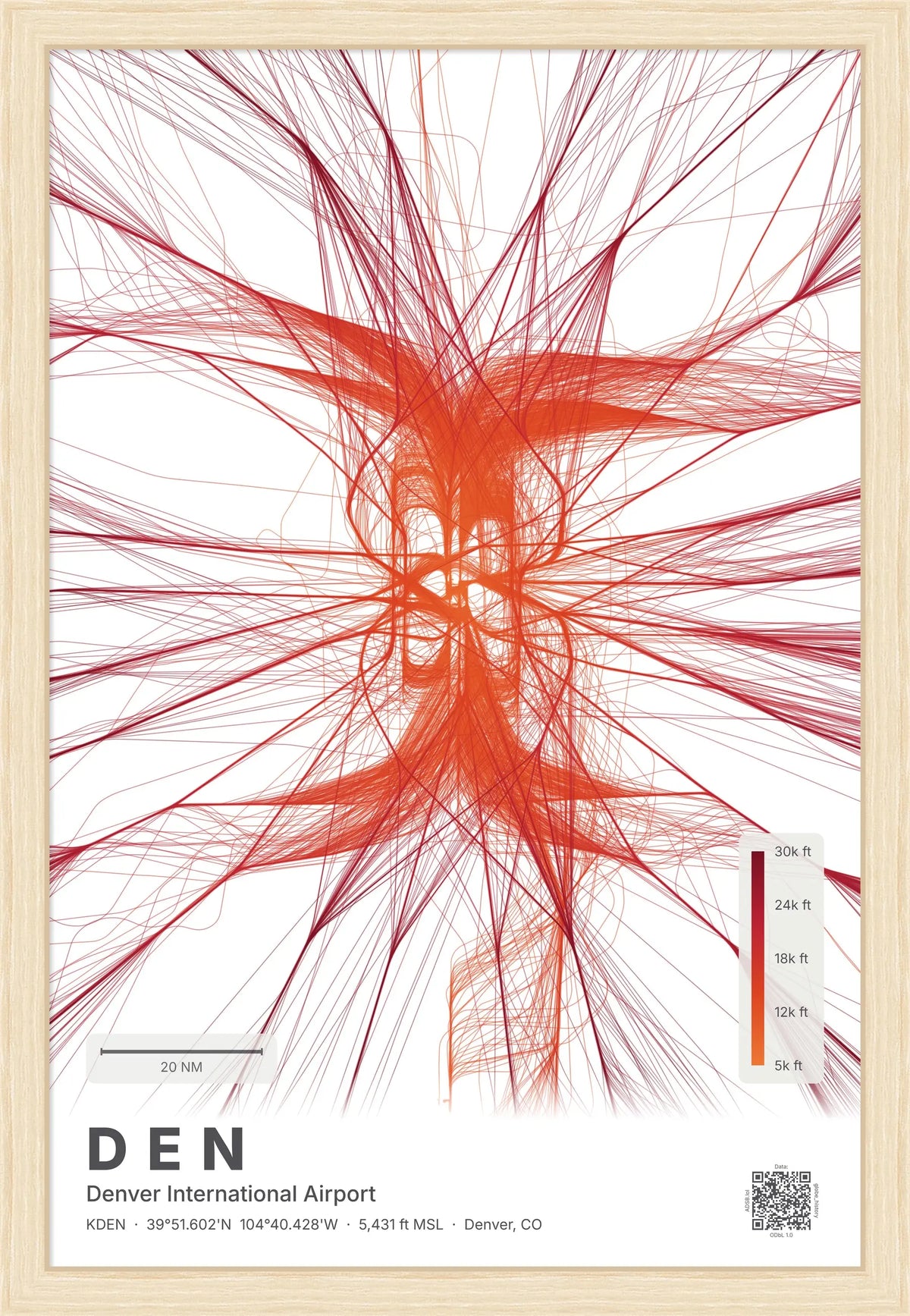DEN flight path print — Inferno theme · Light [material:framed_natural]