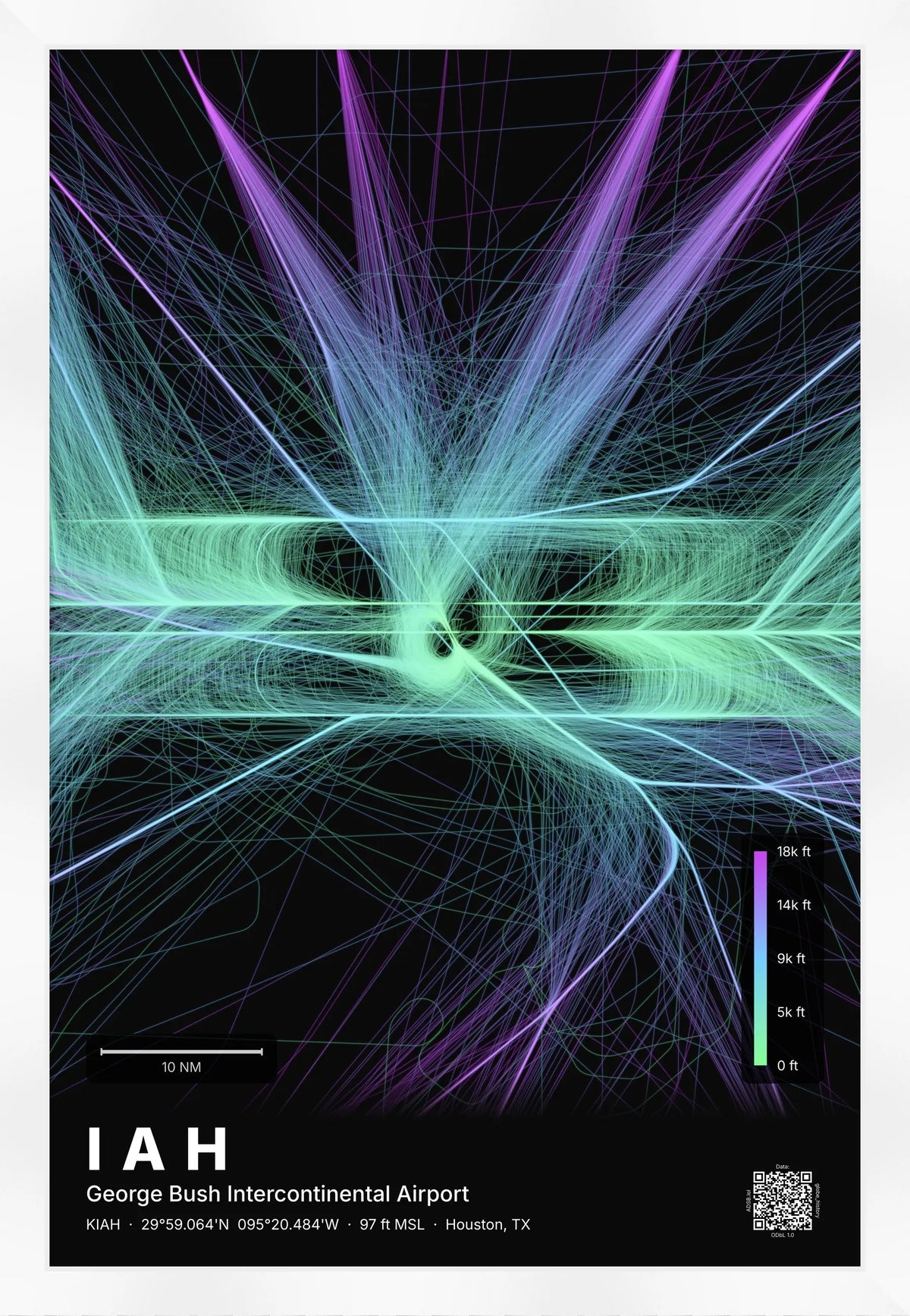 IAH flight path print — Prism theme · Dark [material:framed_white]