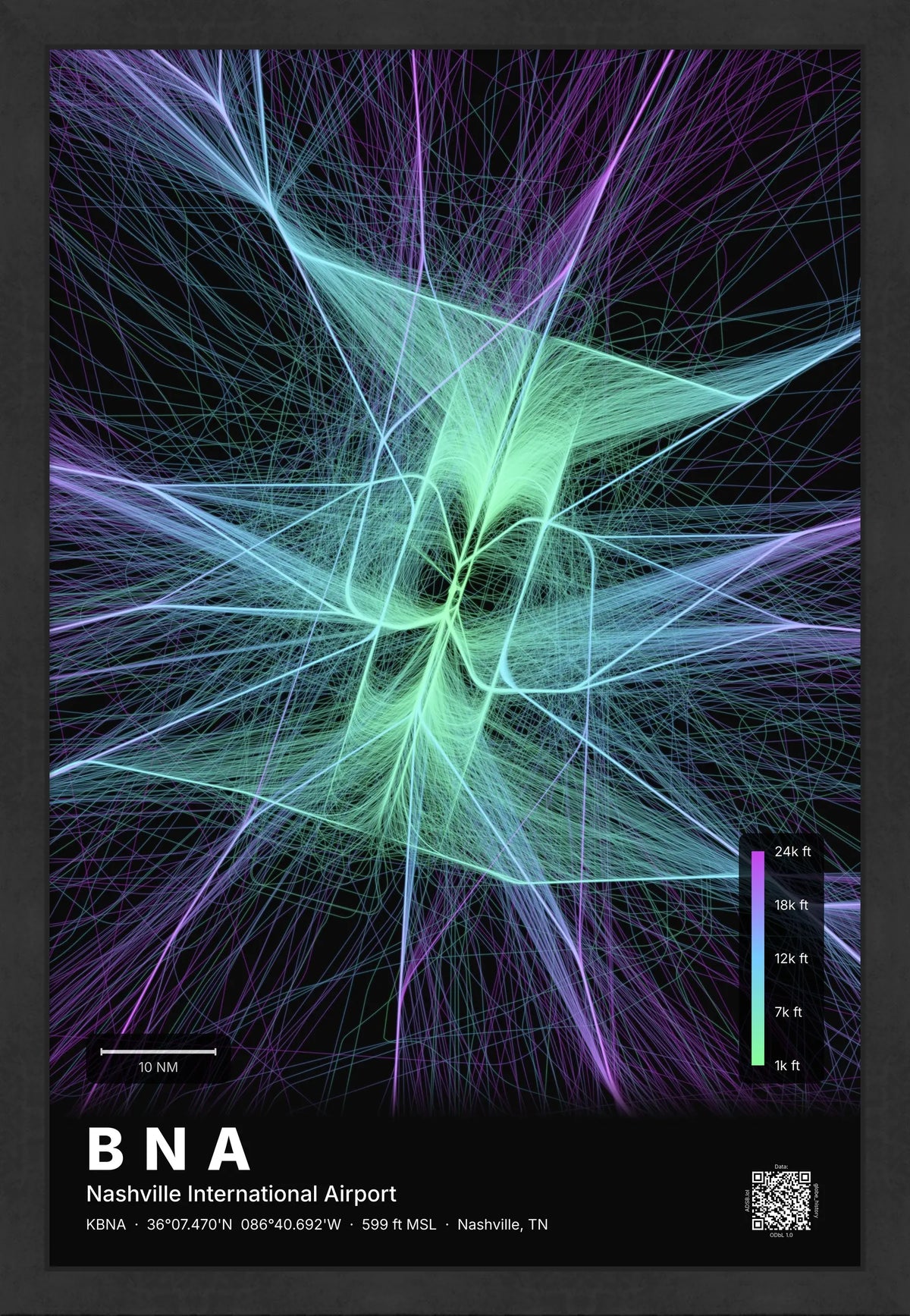 BNA flight path print — Prism theme · Dark [material:framed_black]