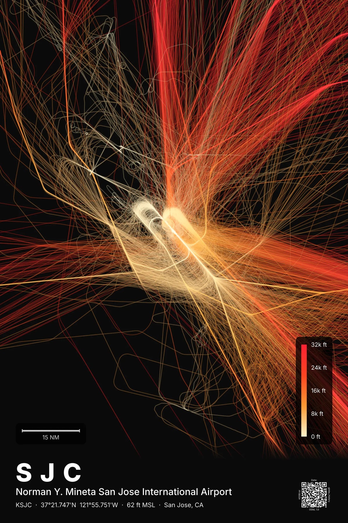 SJC flight path map — Inferno theme · Dark