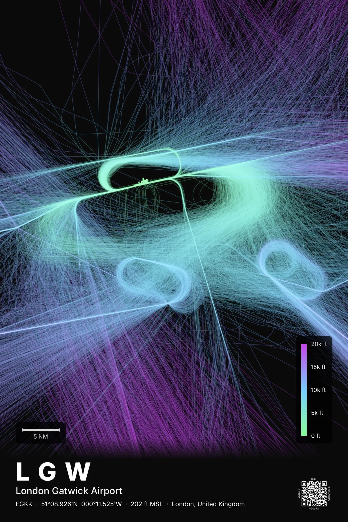 LGW flight path map — Prism theme · Dark