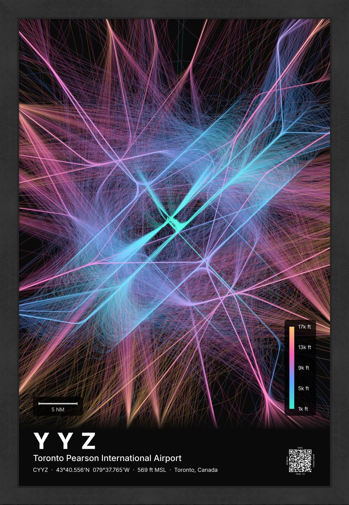 YYZ flight path map — Aurora theme · Dark [material:framed_black]